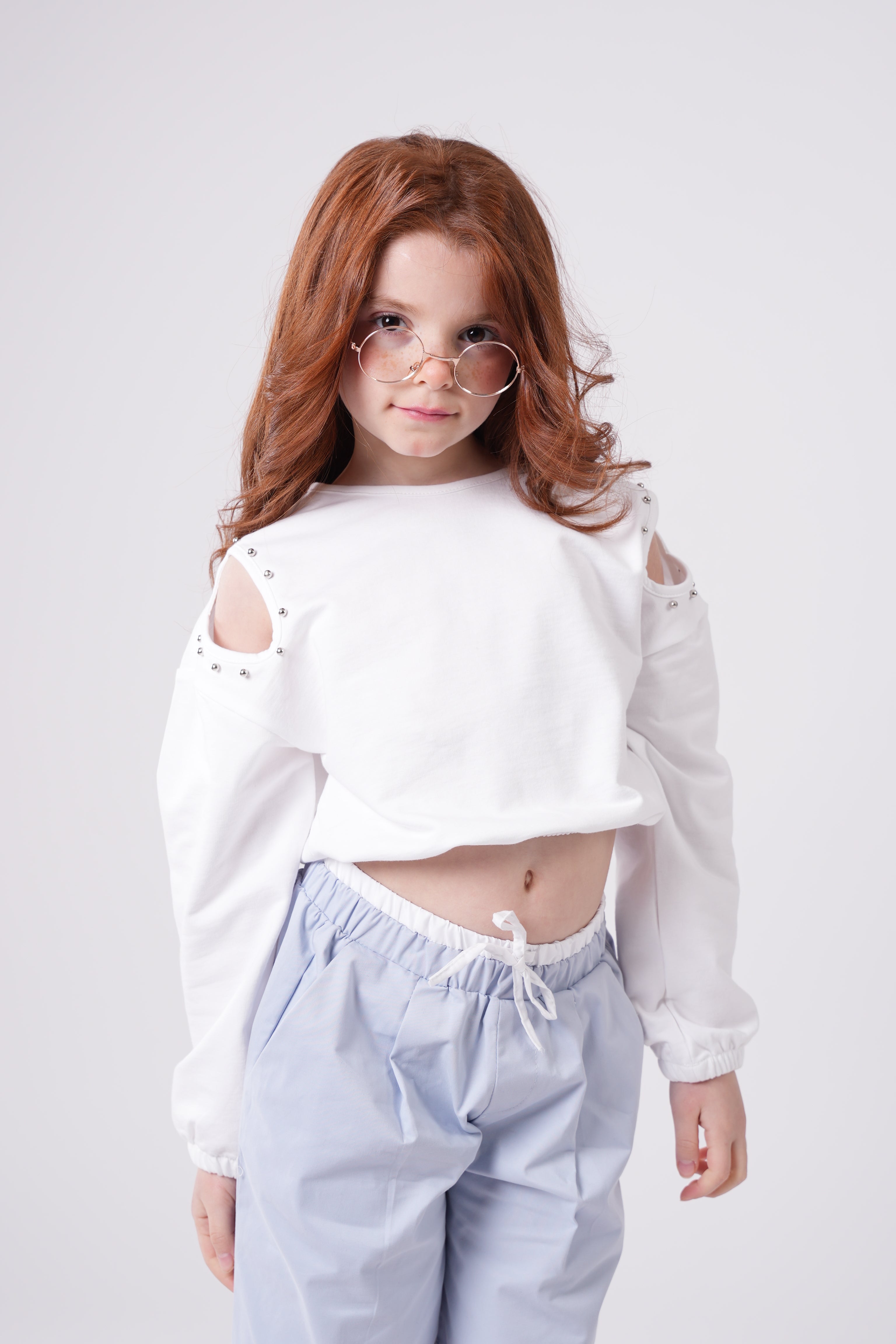 Girls’ Peach Cold-Shoulder Sweatshirt with Studded Detail