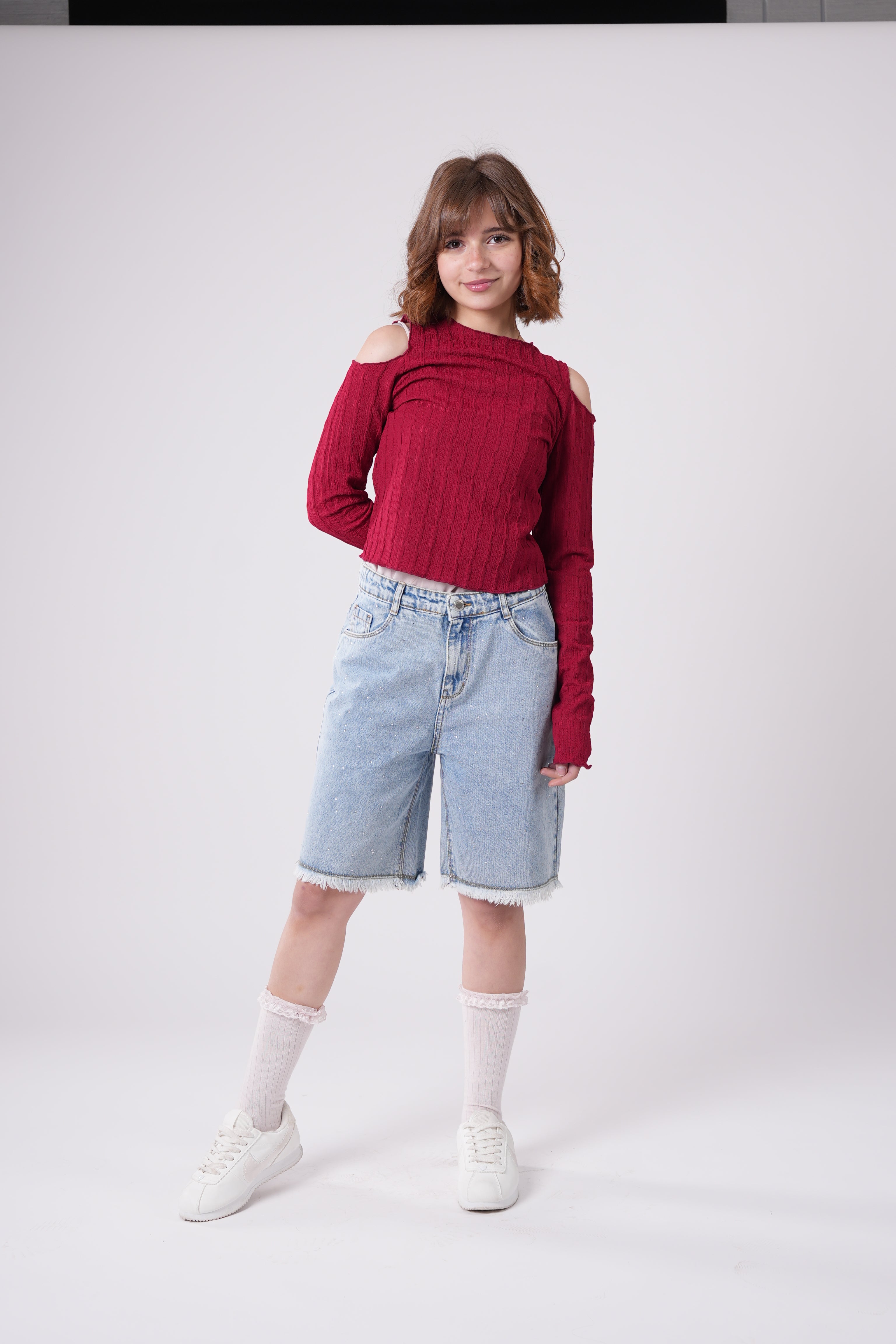 Girls’ Long-Sleeve Lettuce-Trim Ribbed Blouse
