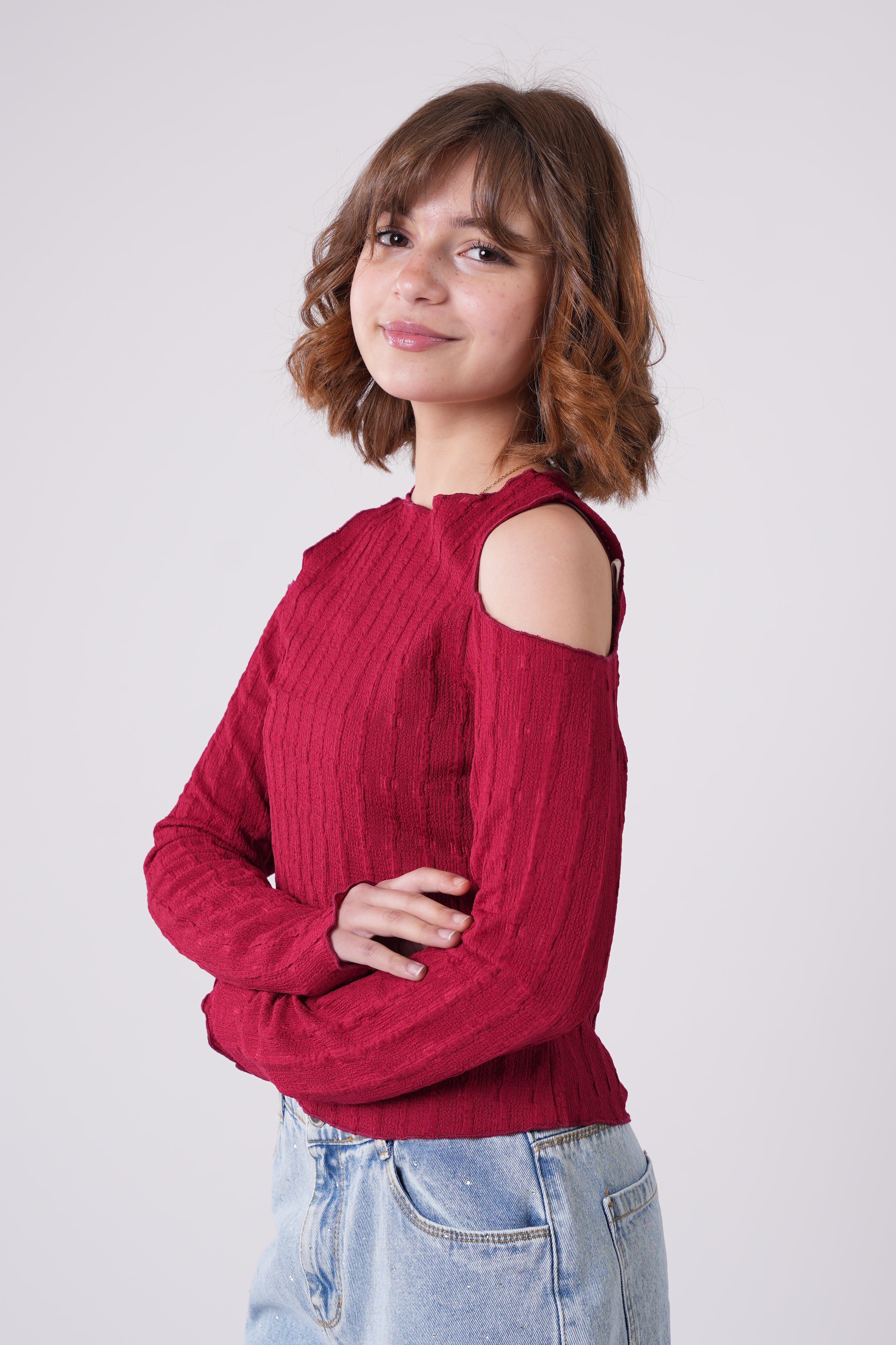Girls’ Long-Sleeve Lettuce-Trim Ribbed Blouse