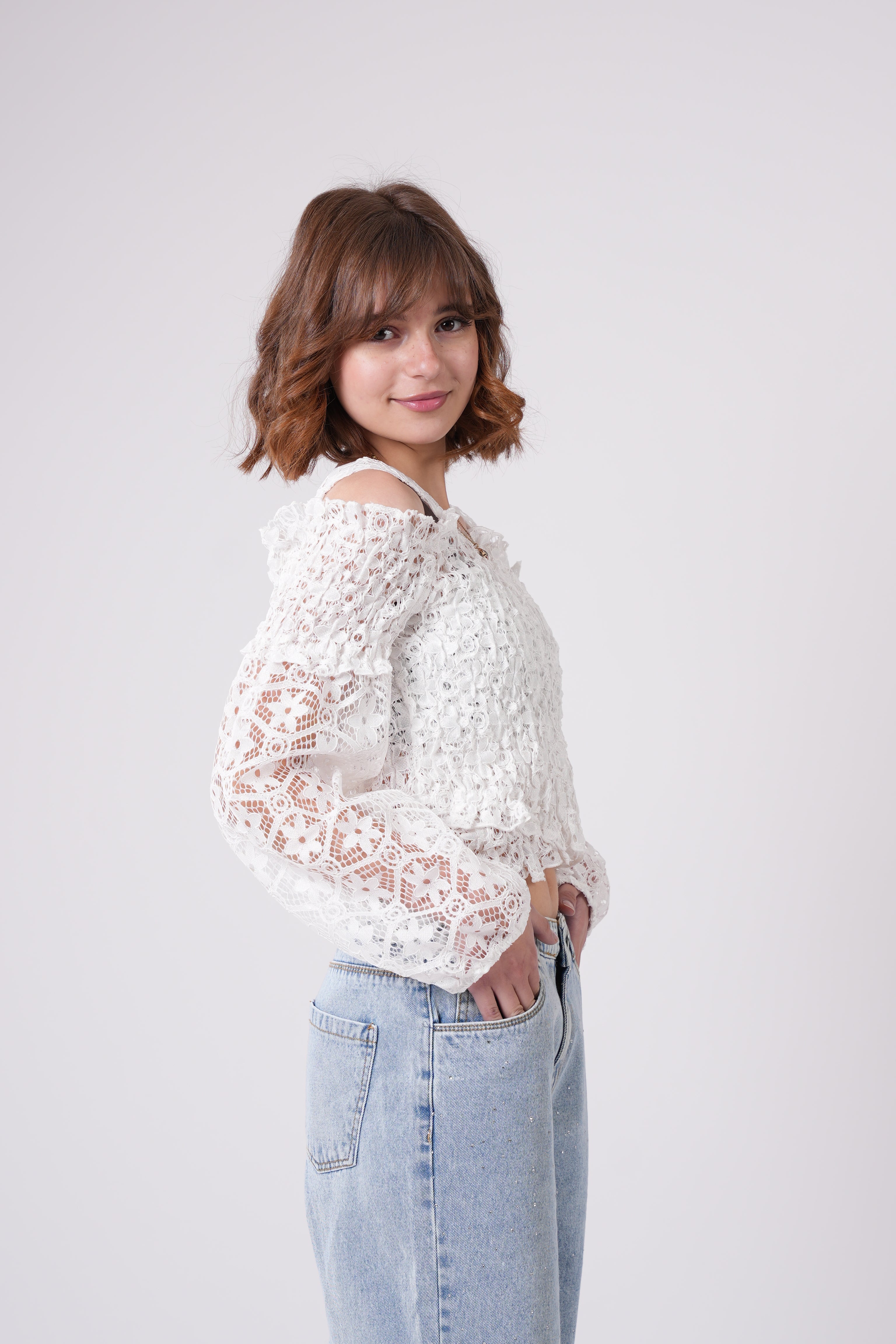 Girls' White Smocked Lace Off-the-Shoulder Top