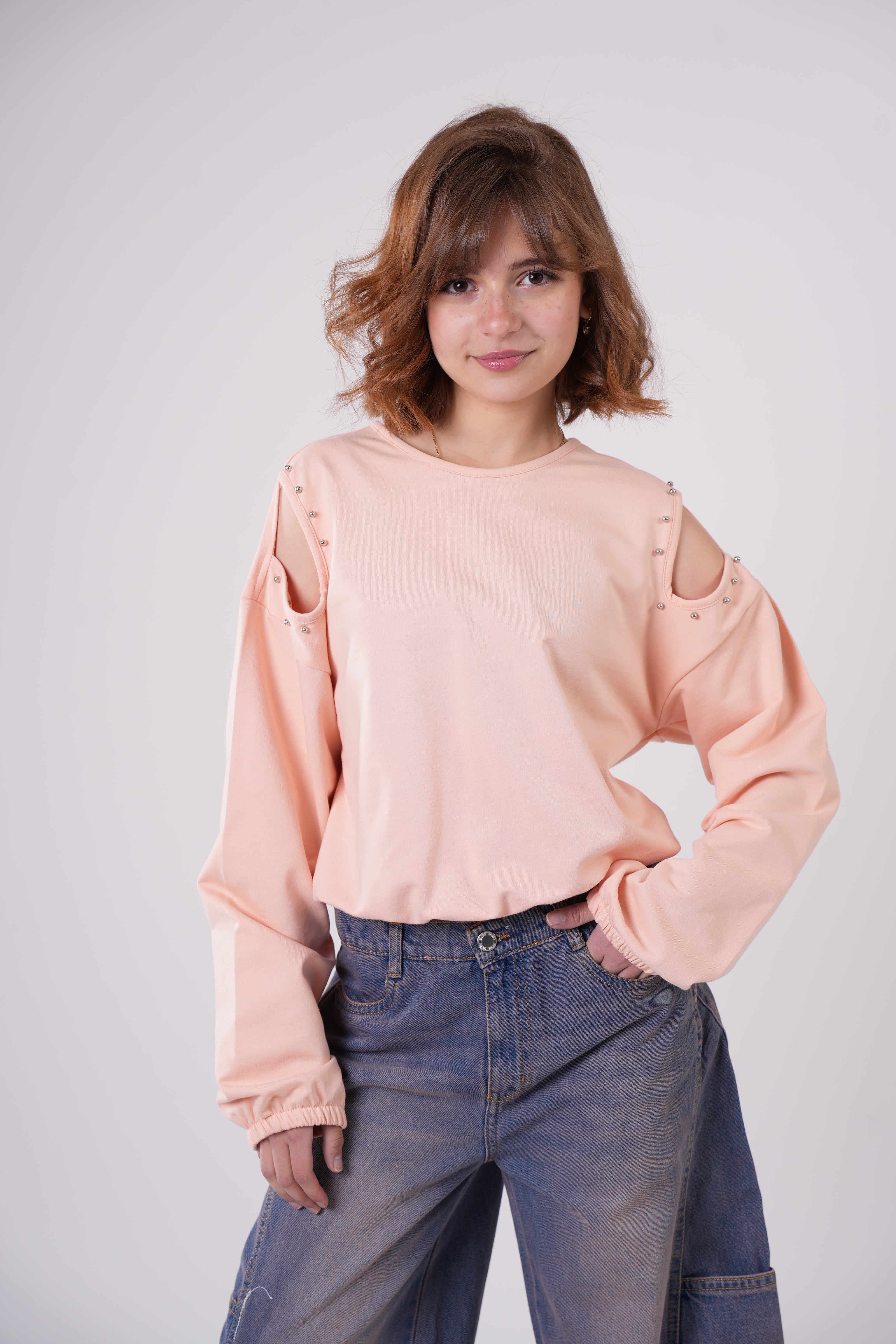 Girls’ Peach Cold-Shoulder Sweatshirt with Studded Detail