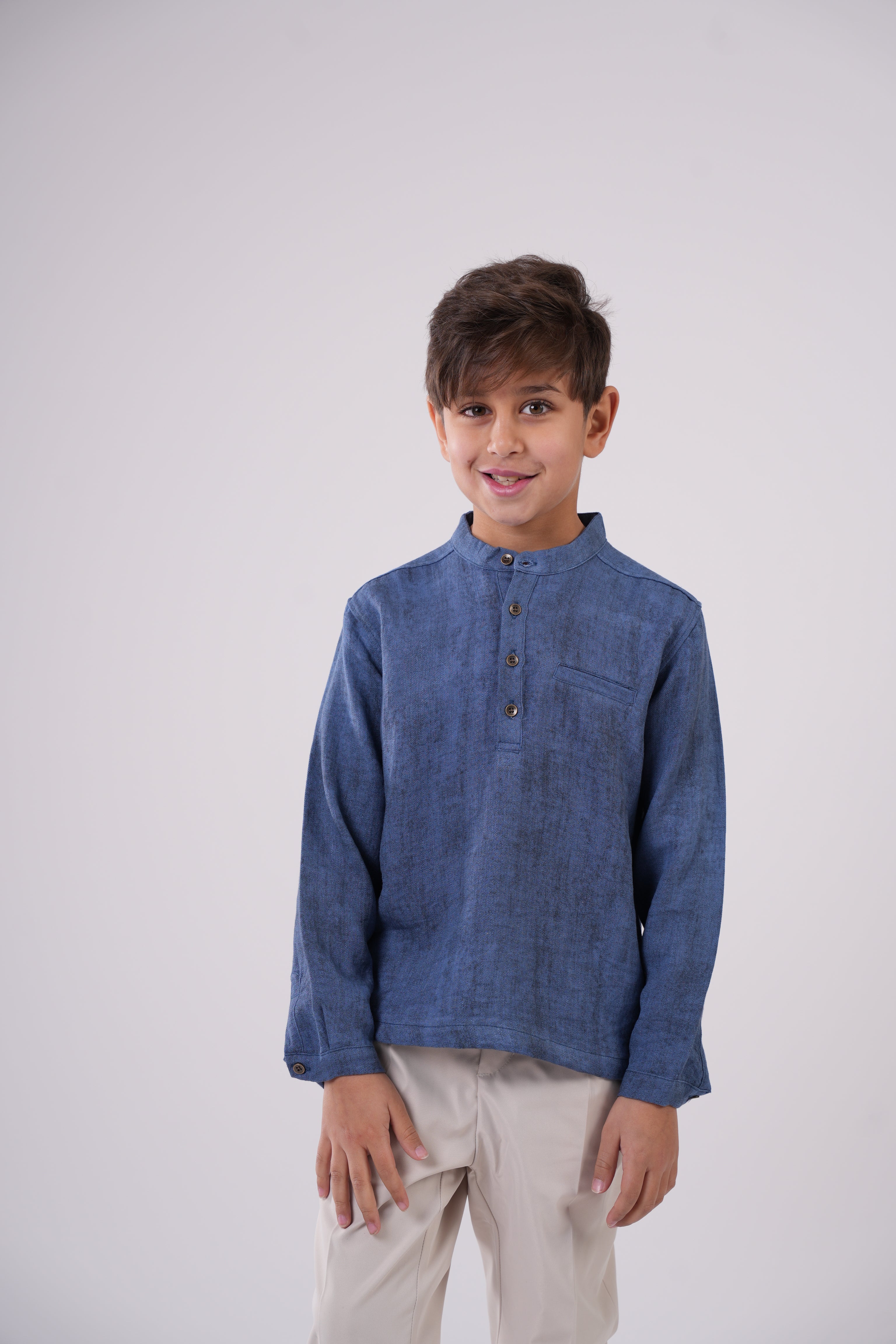 Boys’  Collar Shirt – Long-Sleeve  Henley with Subtle Pattern