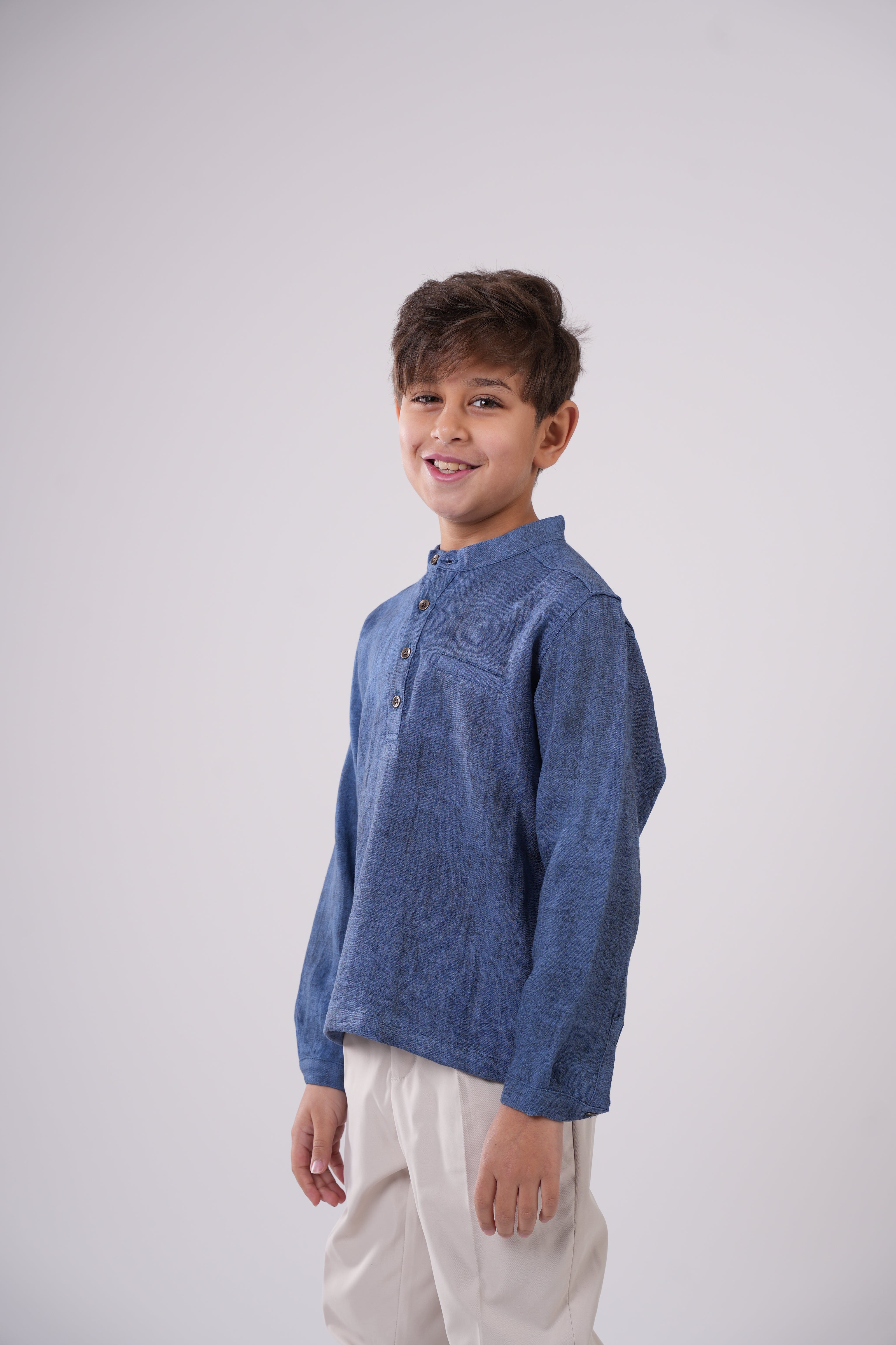Boys’  Collar Shirt – Long-Sleeve  Henley with Subtle Pattern