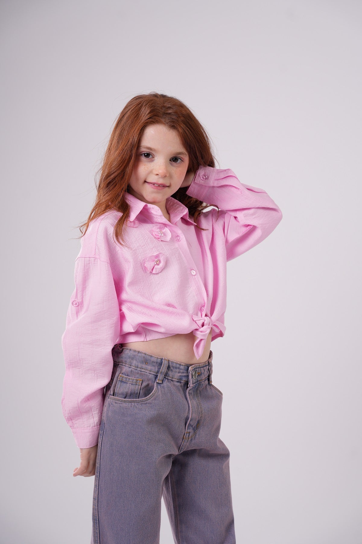 Girls’ Floral Appliqué Tie-Front Blouse