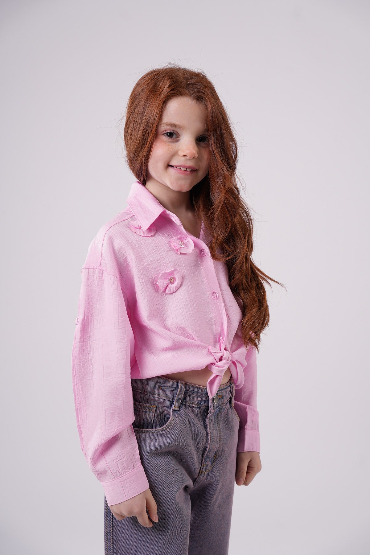 Girls’ Floral Appliqué Tie-Front Blouse
