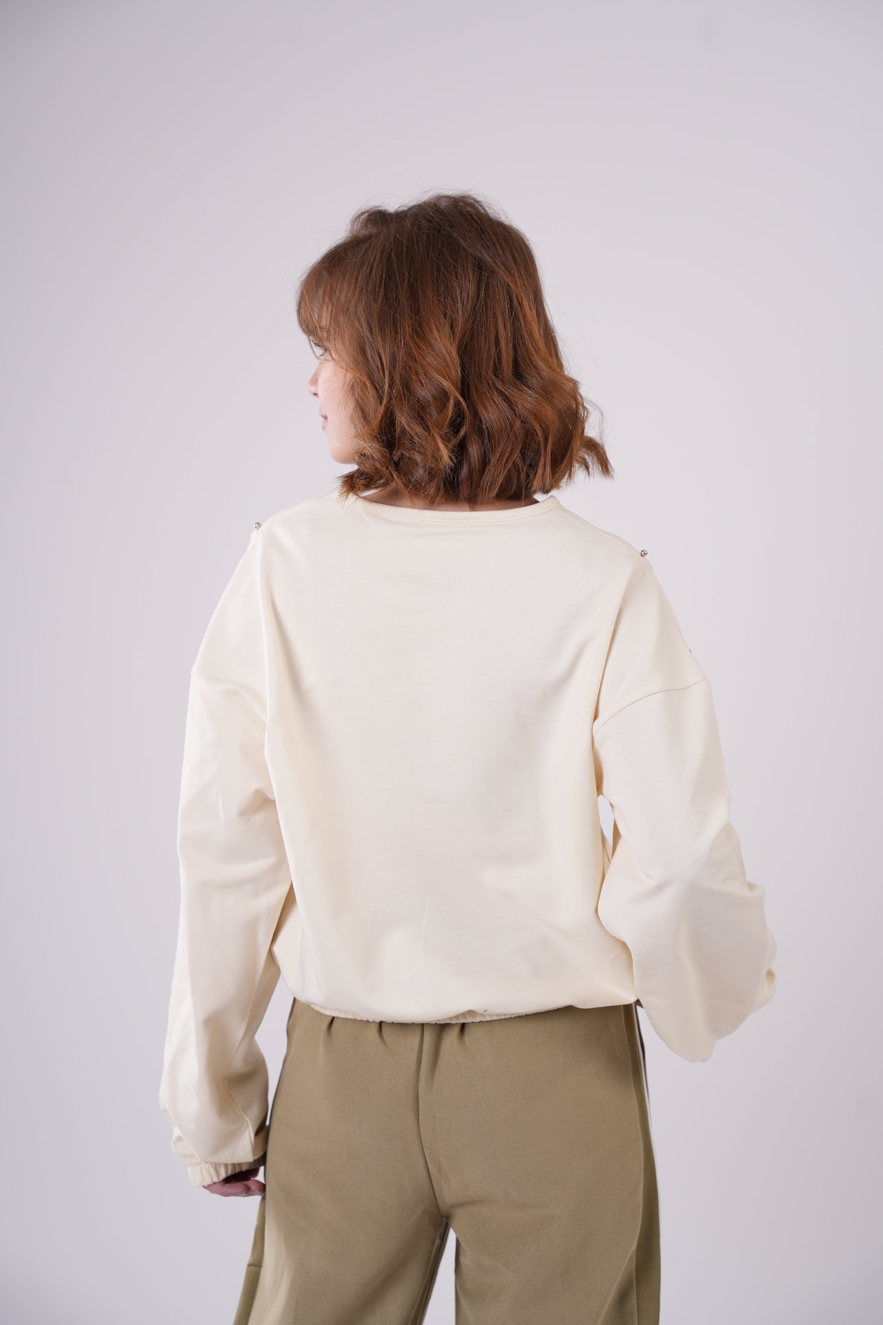 Girls’ Peach Cold-Shoulder Sweatshirt with Studded Detail