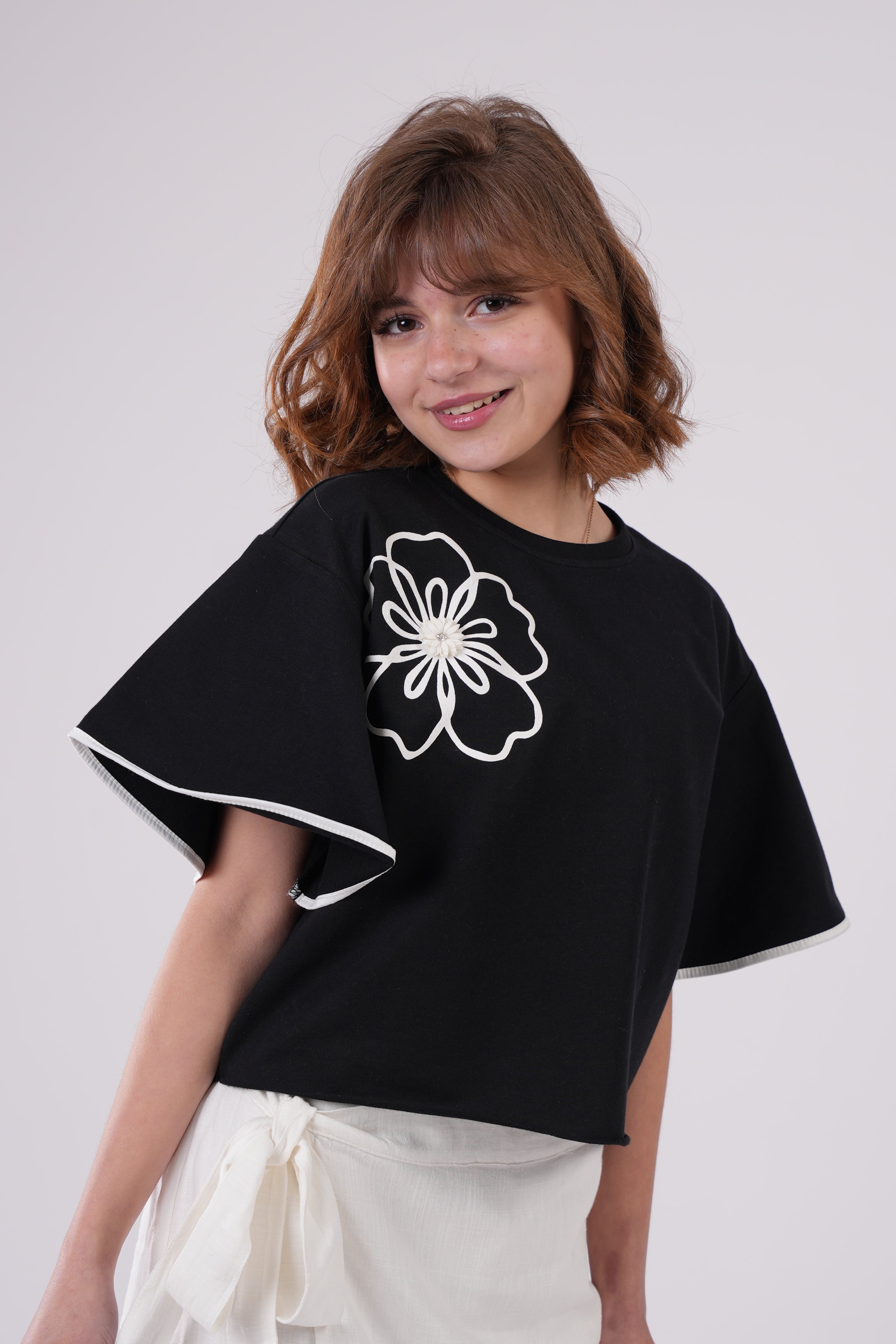 Girls' Embellished Flower Wide-Sleeve Top