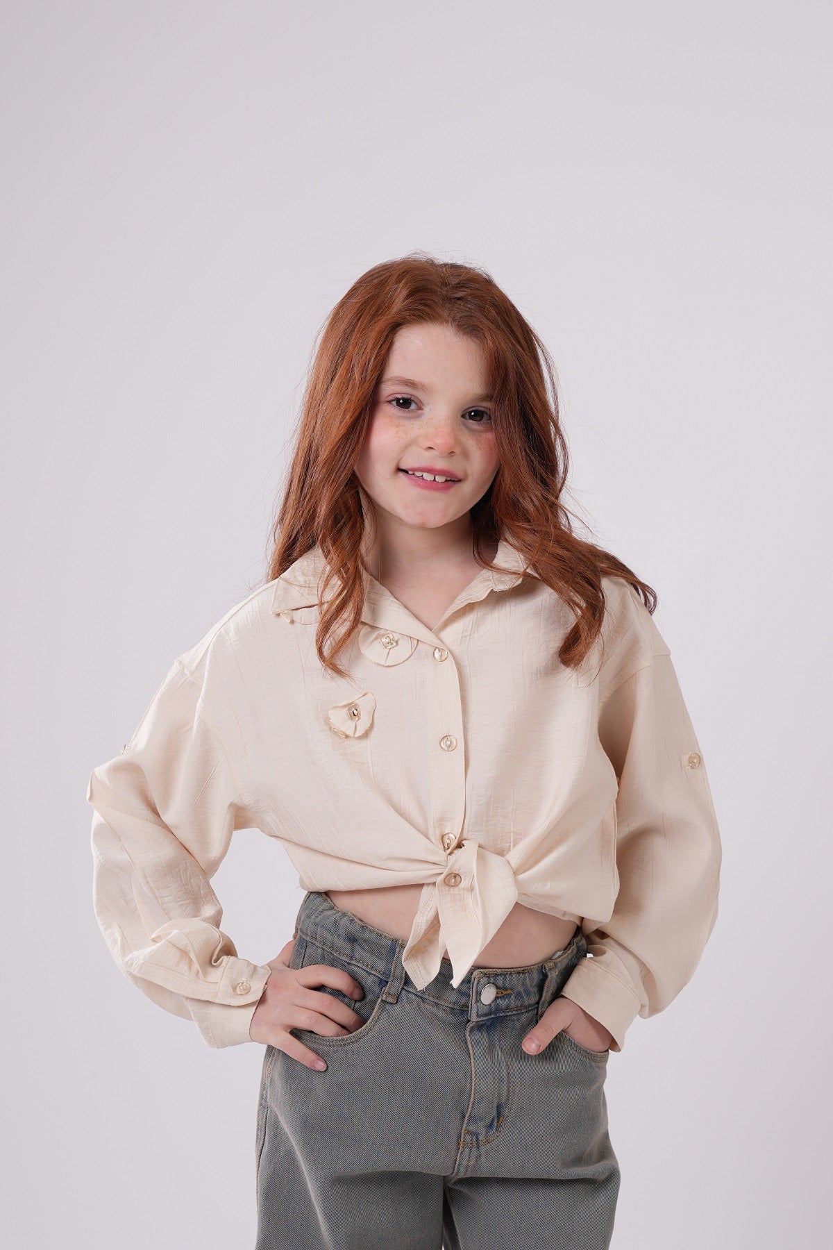Girls’ Floral Appliqué Tie-Front Blouse
