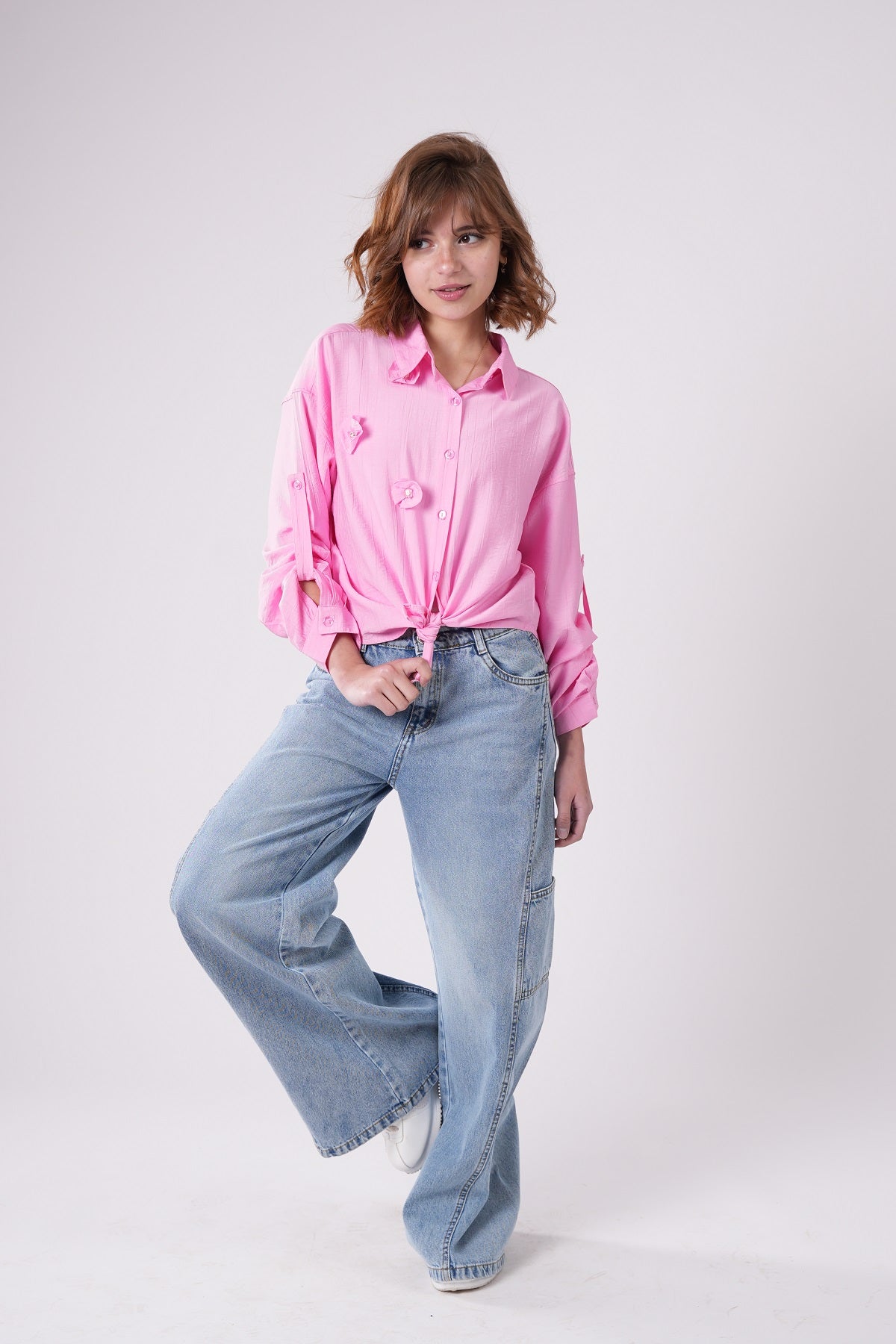 Girls’ Floral Appliqué Tie-Front Blouse