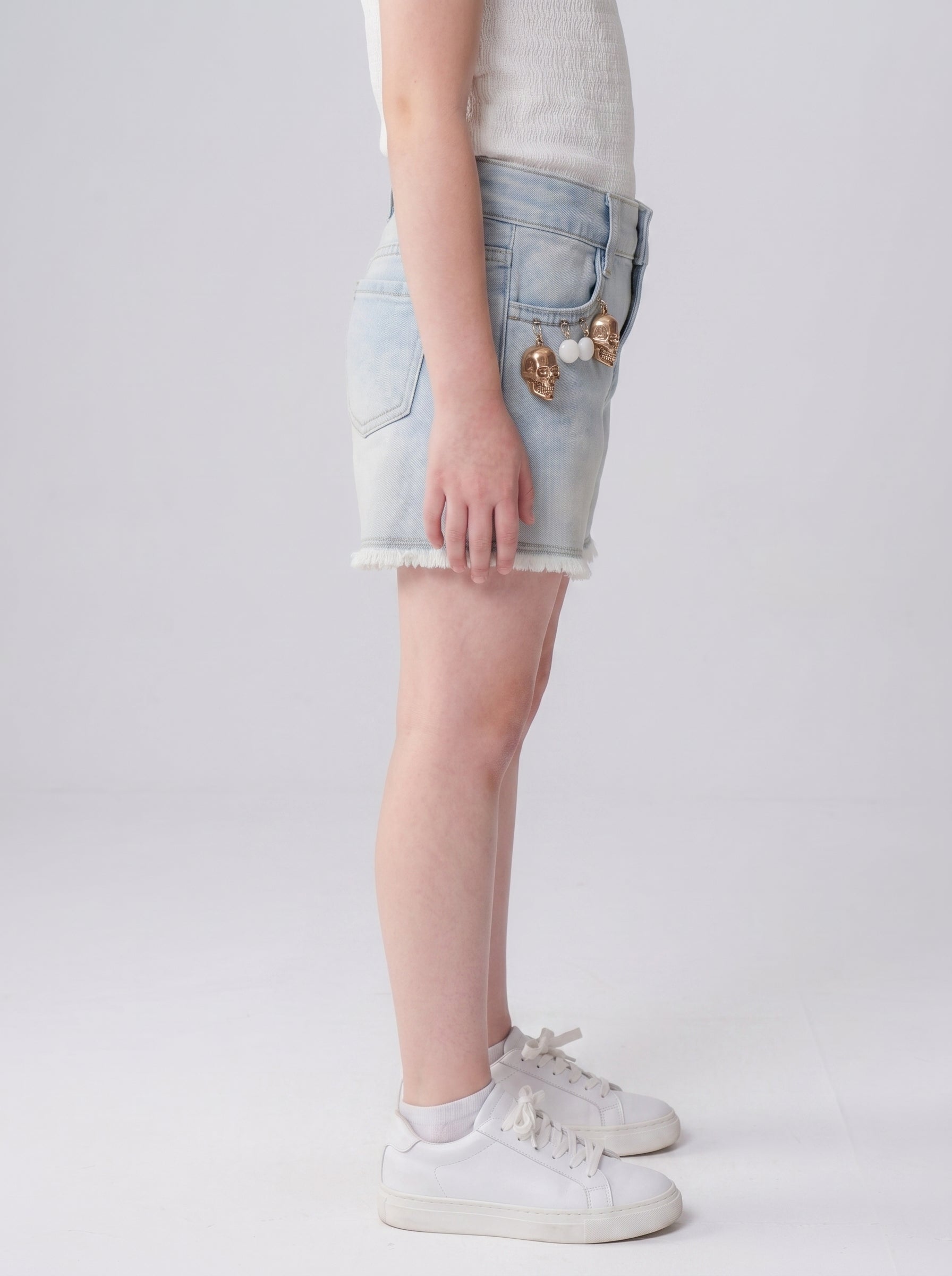 Distressed Denim Shorts with Charm Detail
