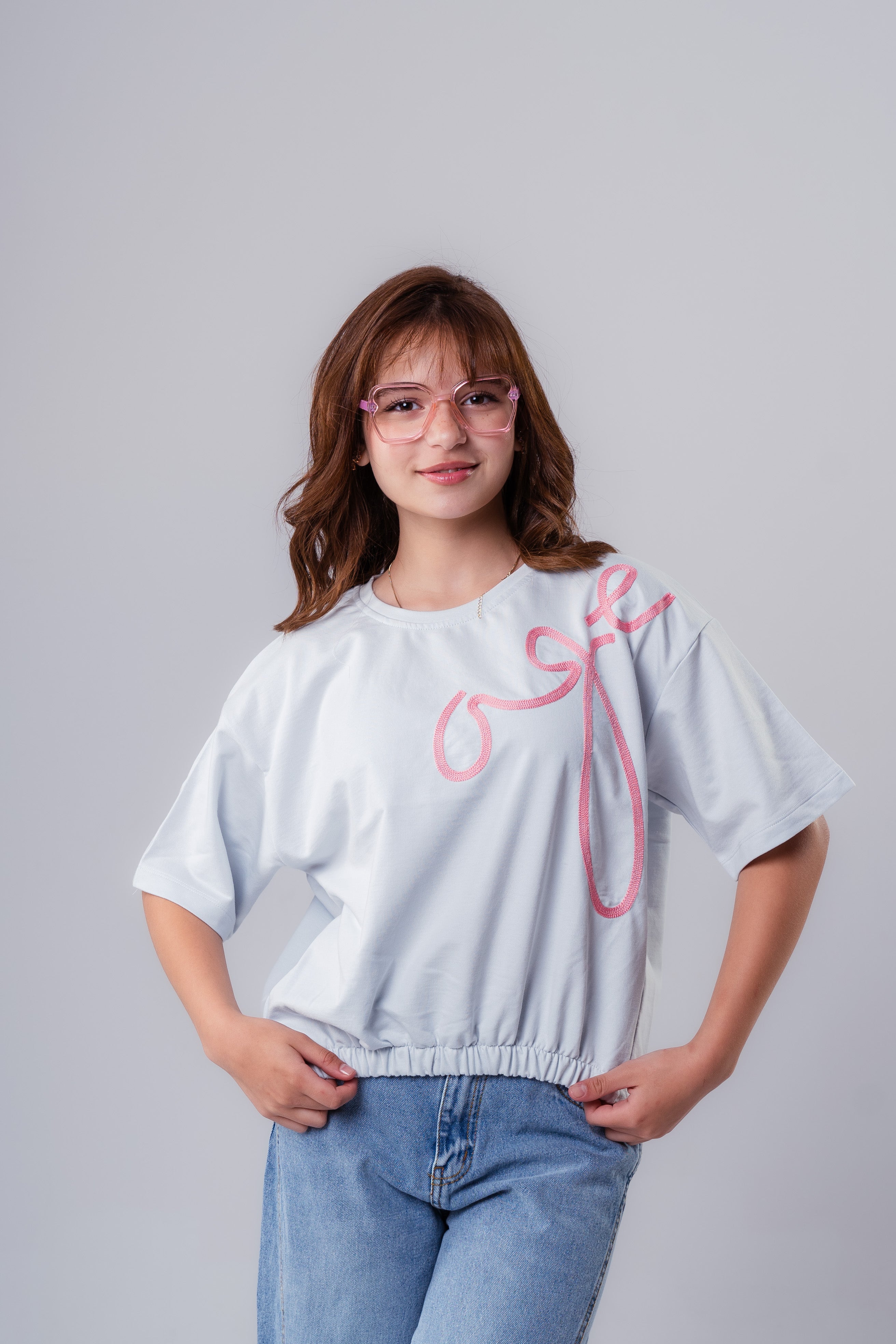 Girls' Short-Sleeve-Style Tee with Orange Embroidered Detail