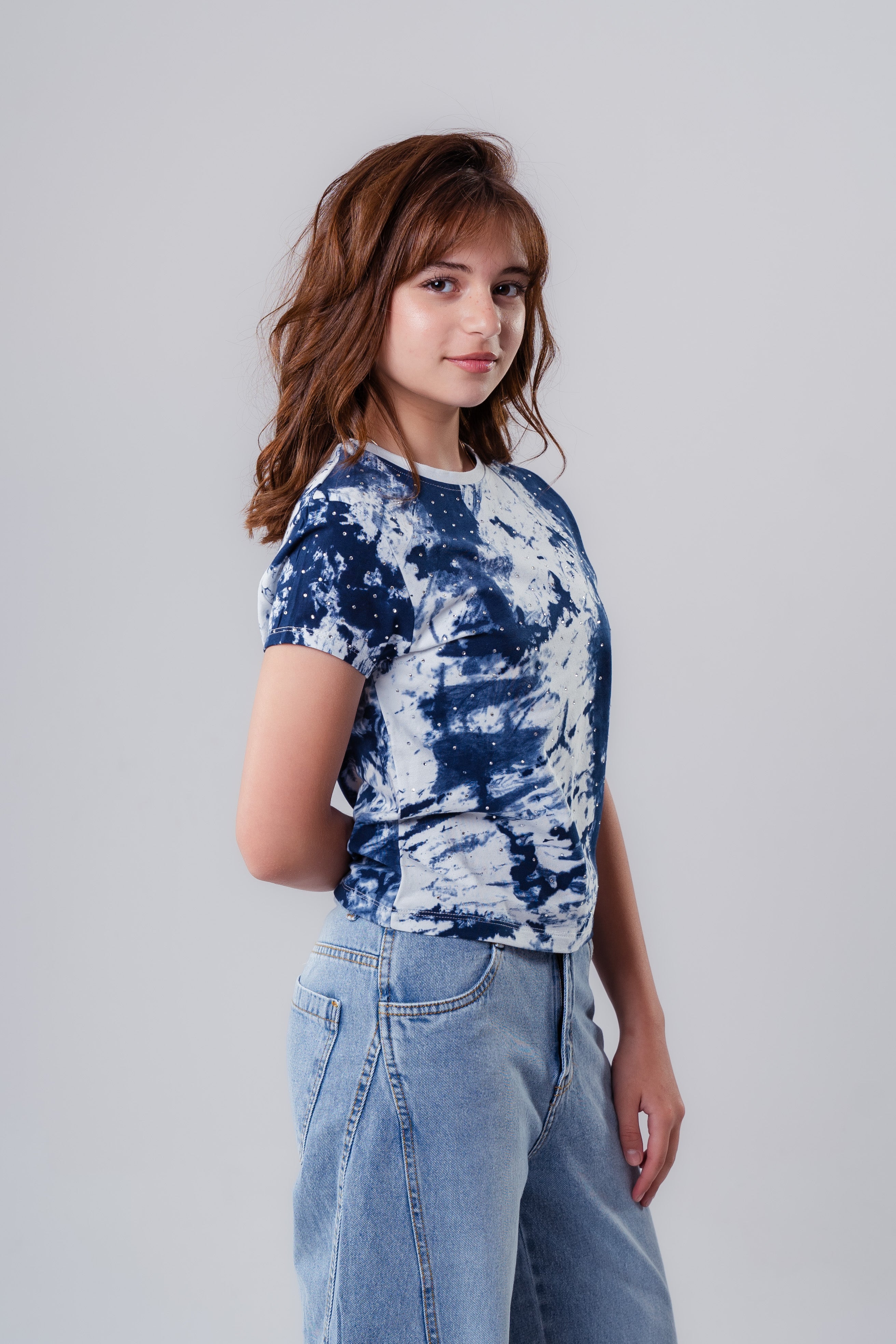 Girls' Lilac Rhinestone Studded Short-Sleeve Top