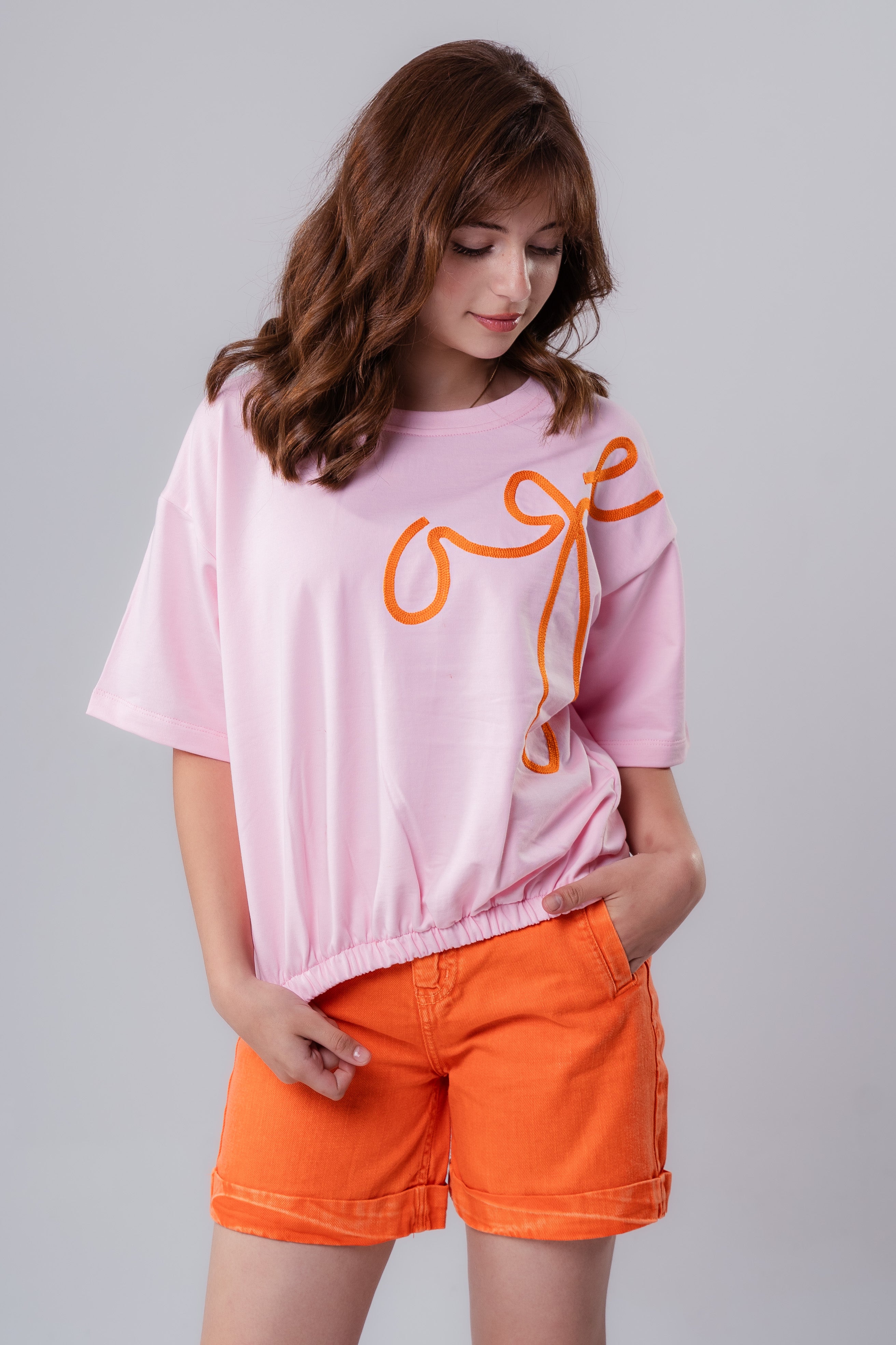 Girls' Short-Sleeve-Style Tee with Orange Embroidered Detail