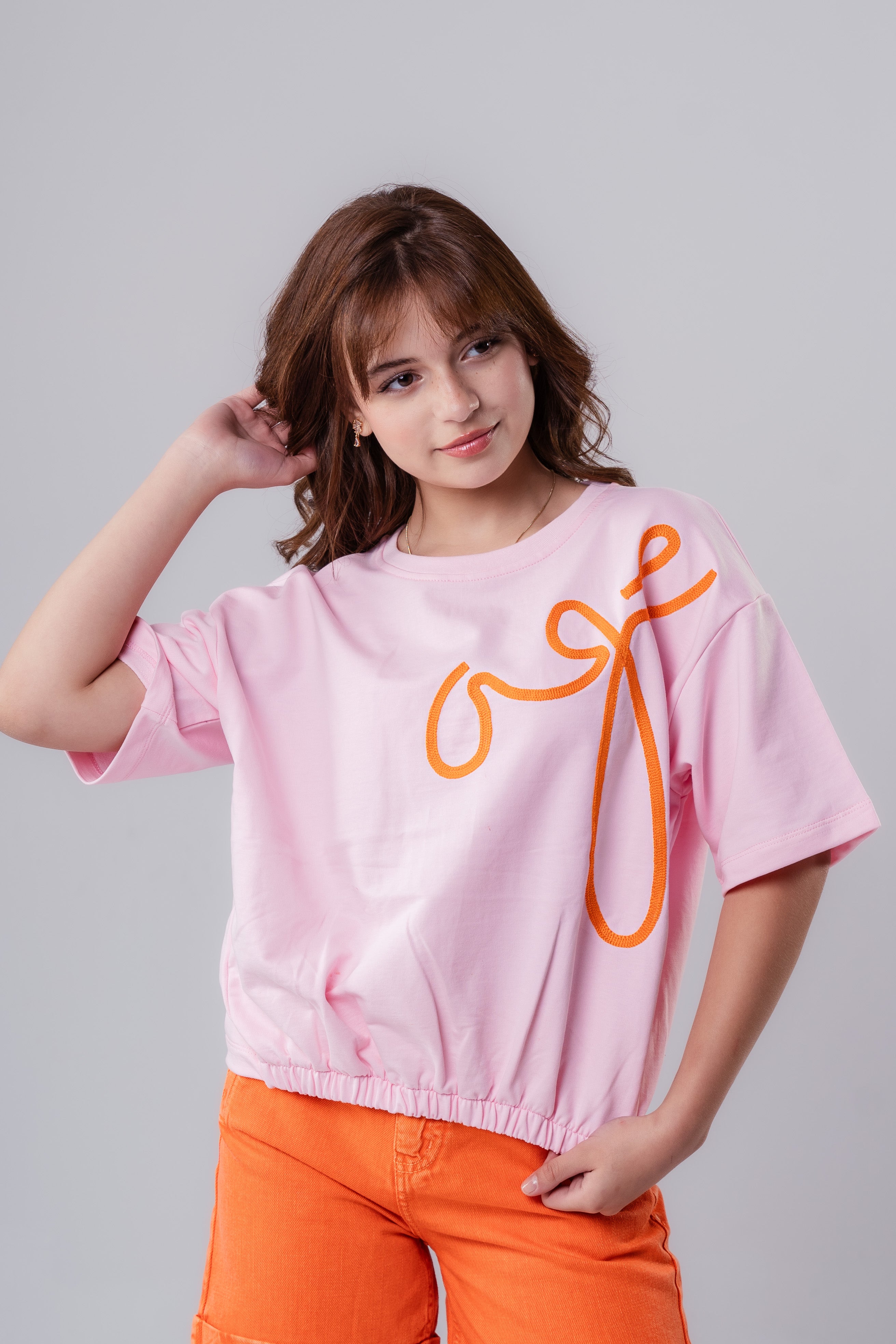 Girls' Short-Sleeve-Style Tee with Orange Embroidered Detail