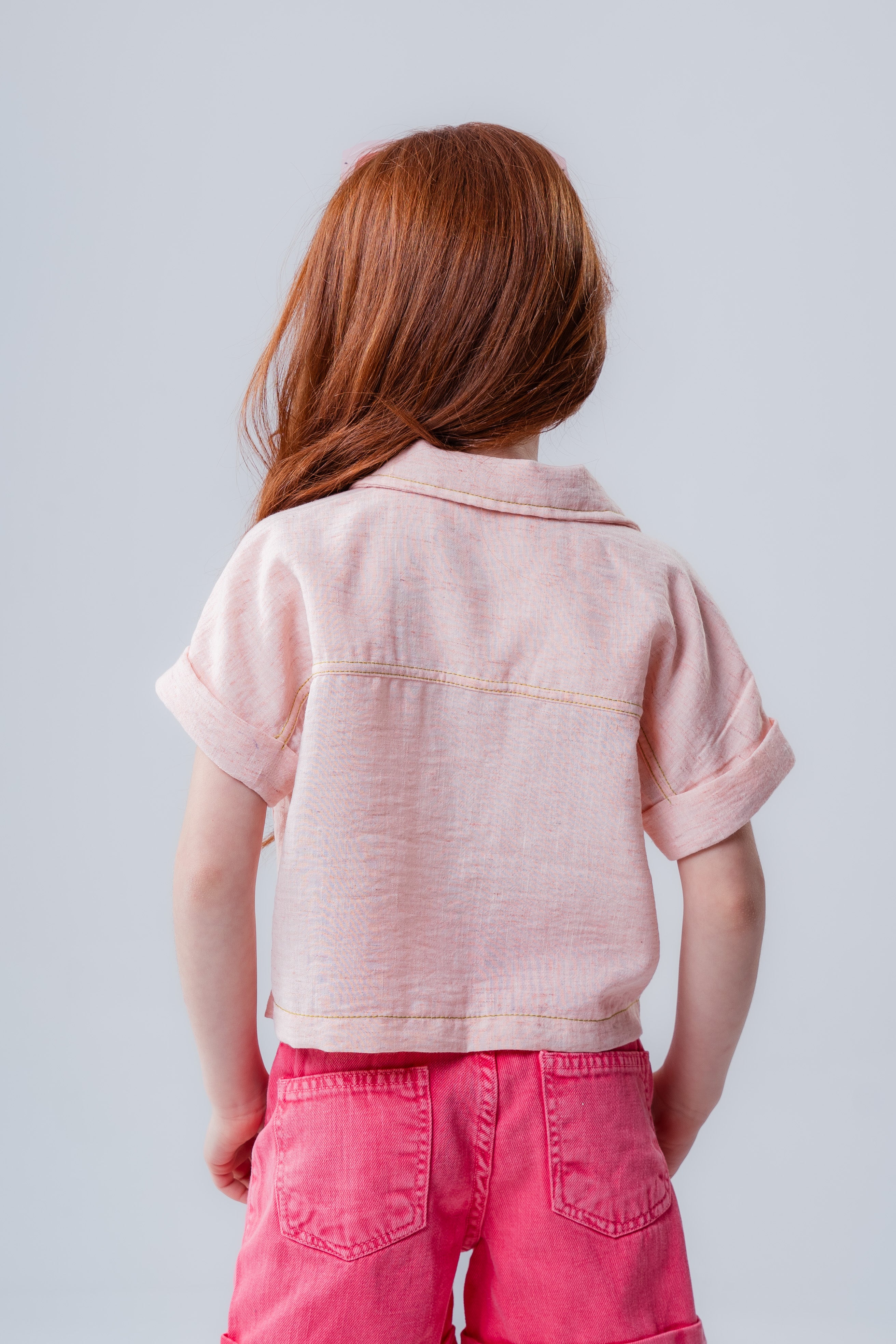 Girls' Short-Sleeve Linen-Style Shirt with Appliqués