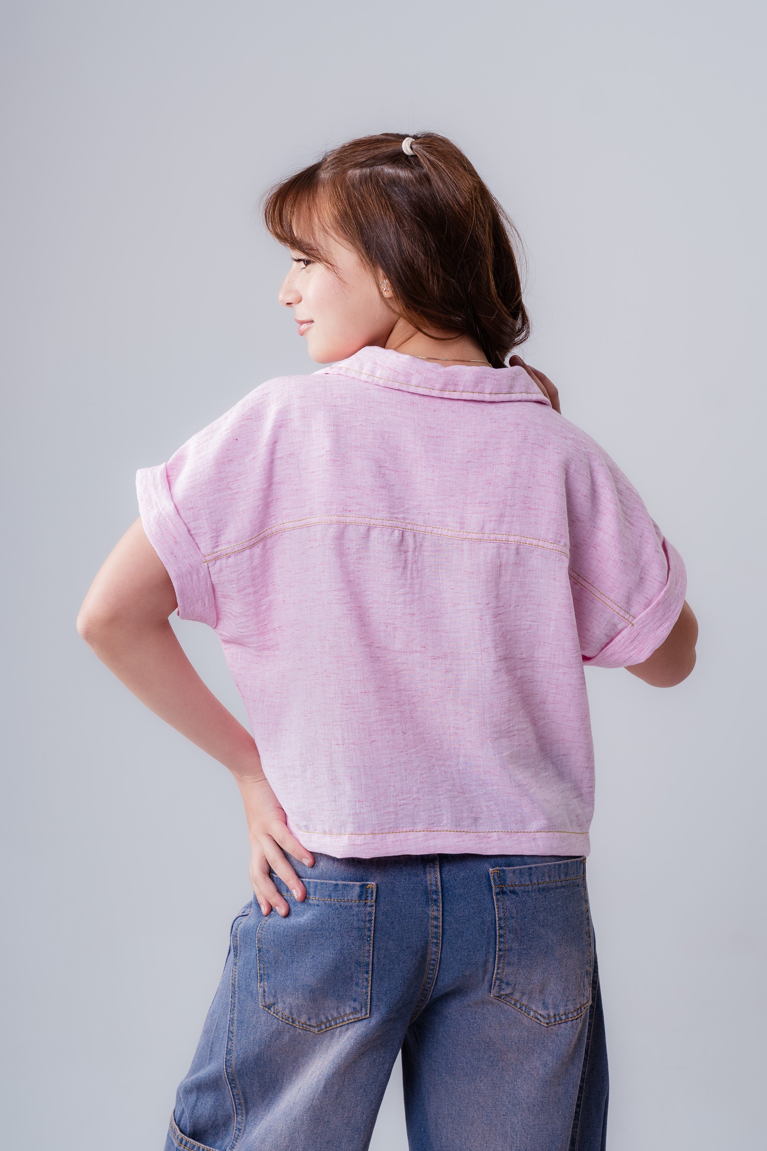 Girls' Short-Sleeve Linen-Style Shirt with Appliqués