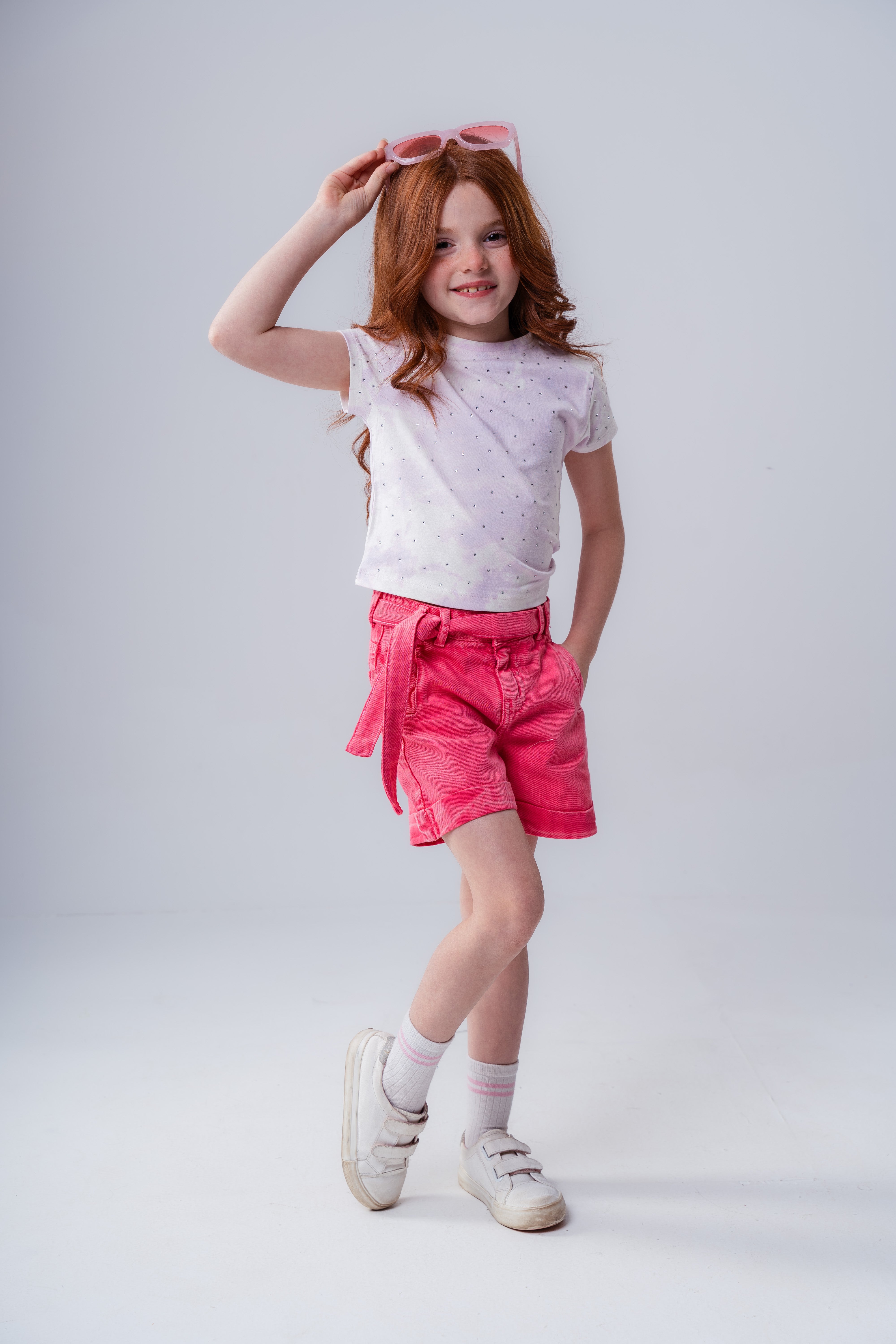 Girls' Lilac Rhinestone Studded Short-Sleeve Top