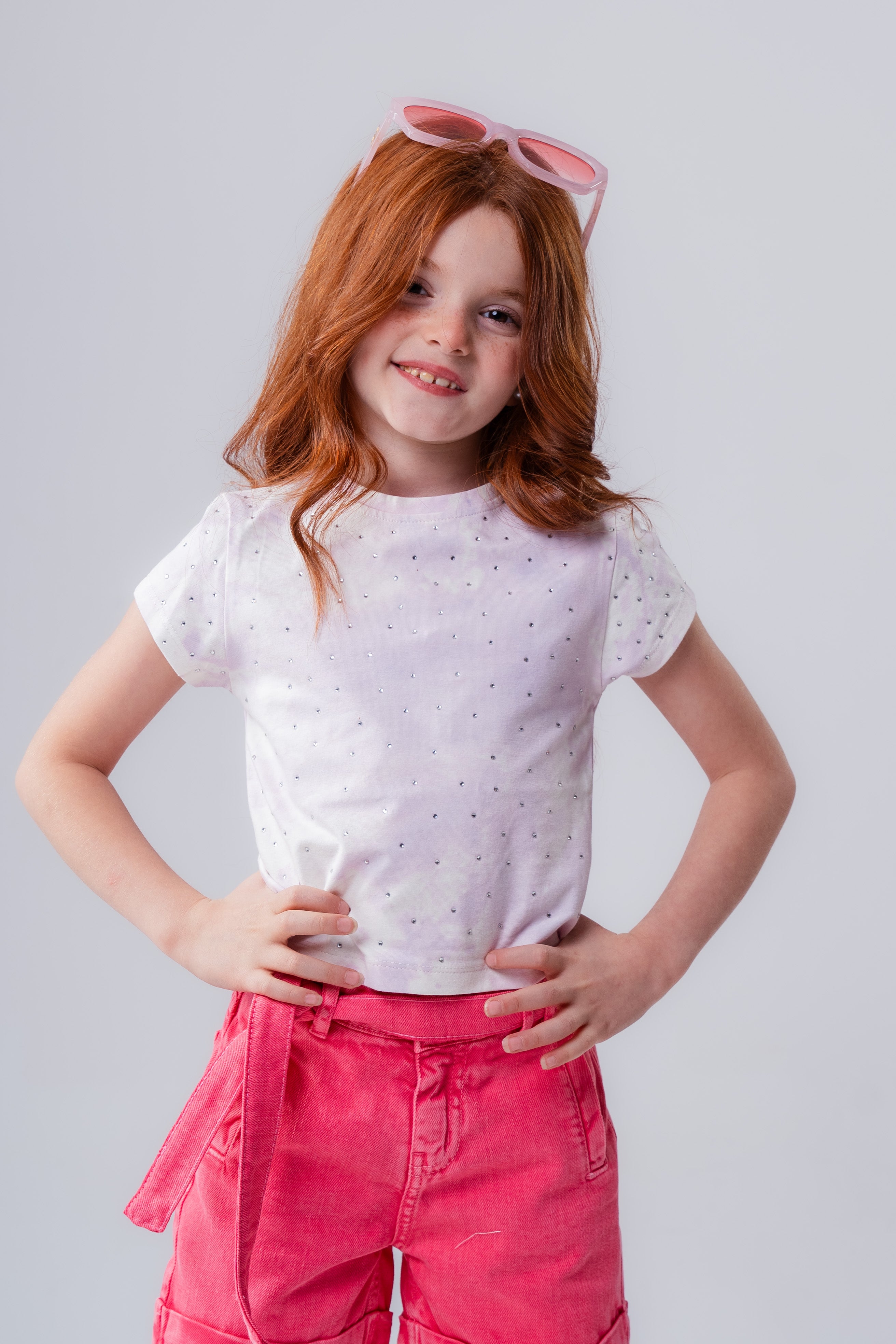 Girls' Lilac Rhinestone Studded Short-Sleeve Top