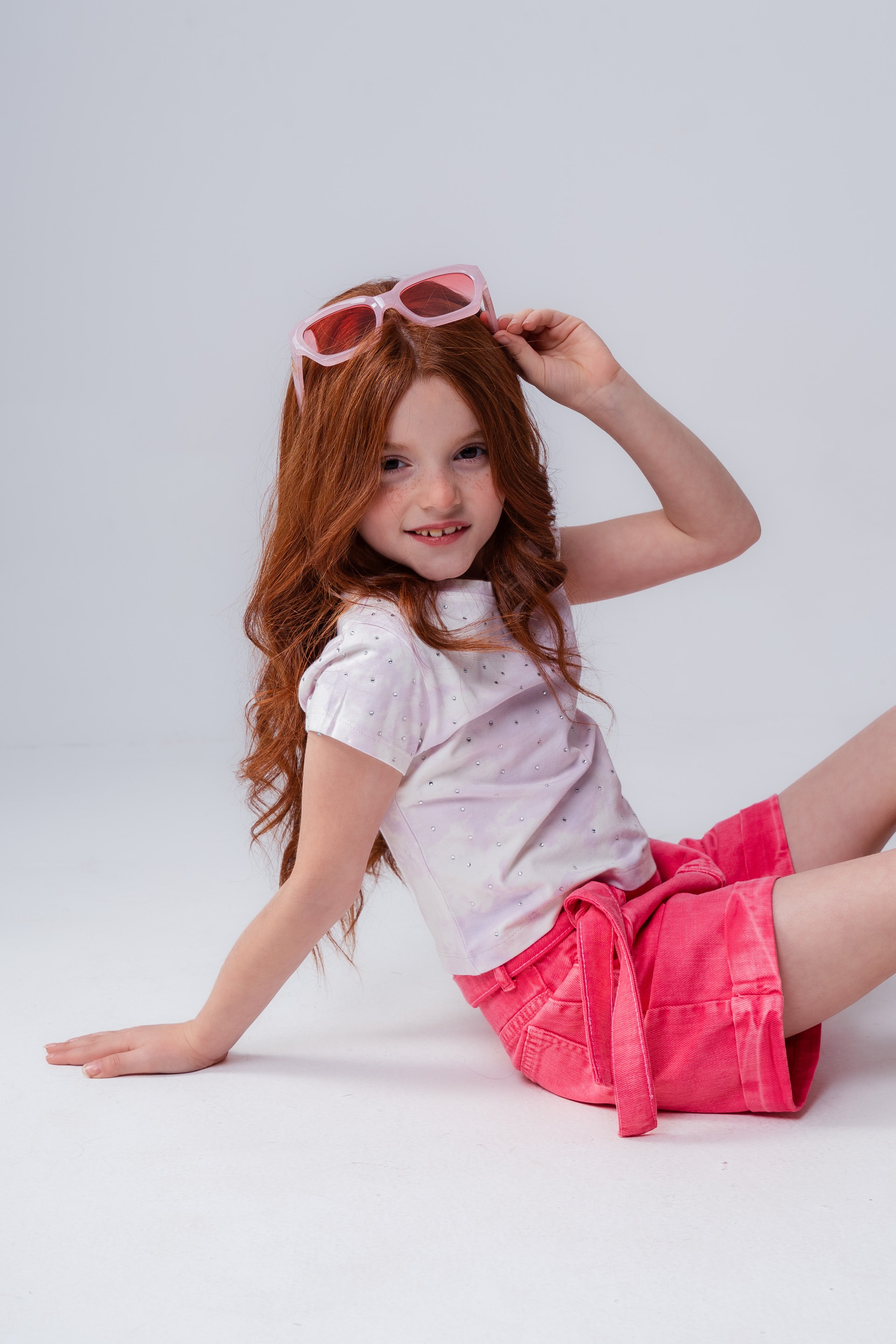 Girls' Lilac Rhinestone Studded Short-Sleeve Top