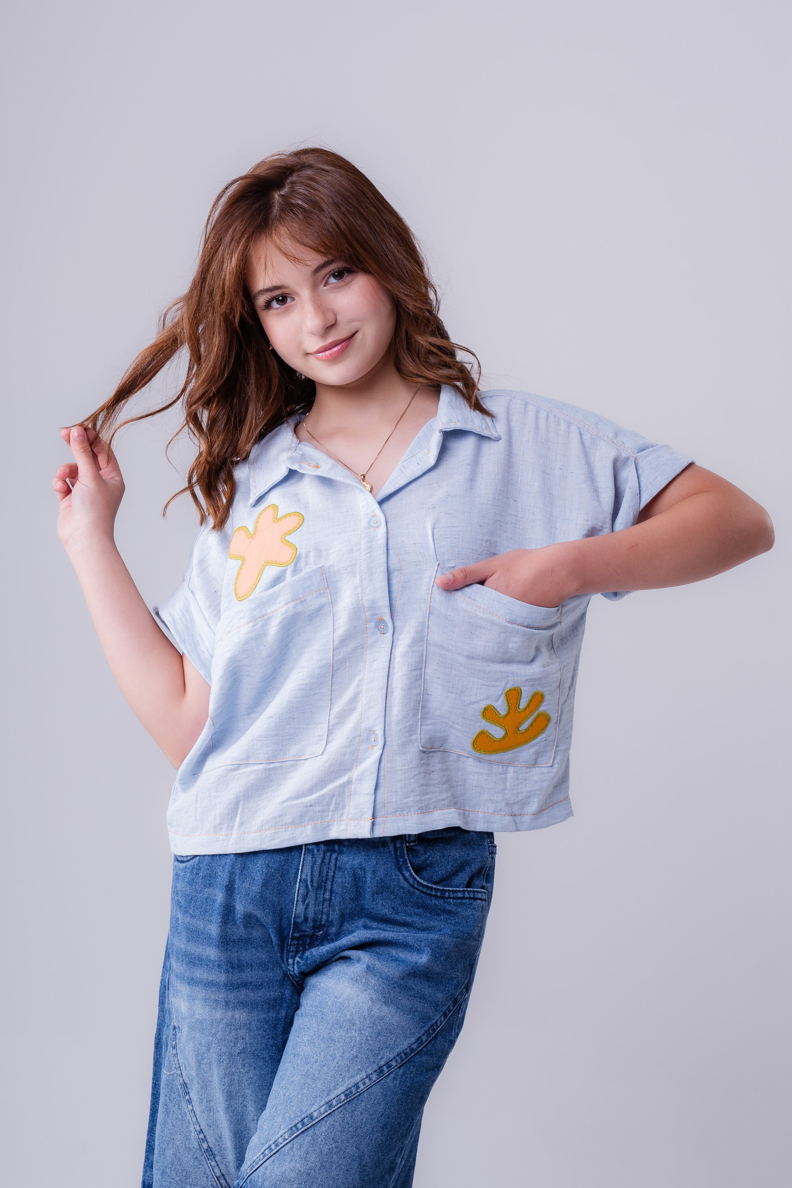 Girls' Short-Sleeve Linen-Style Shirt with Appliqués