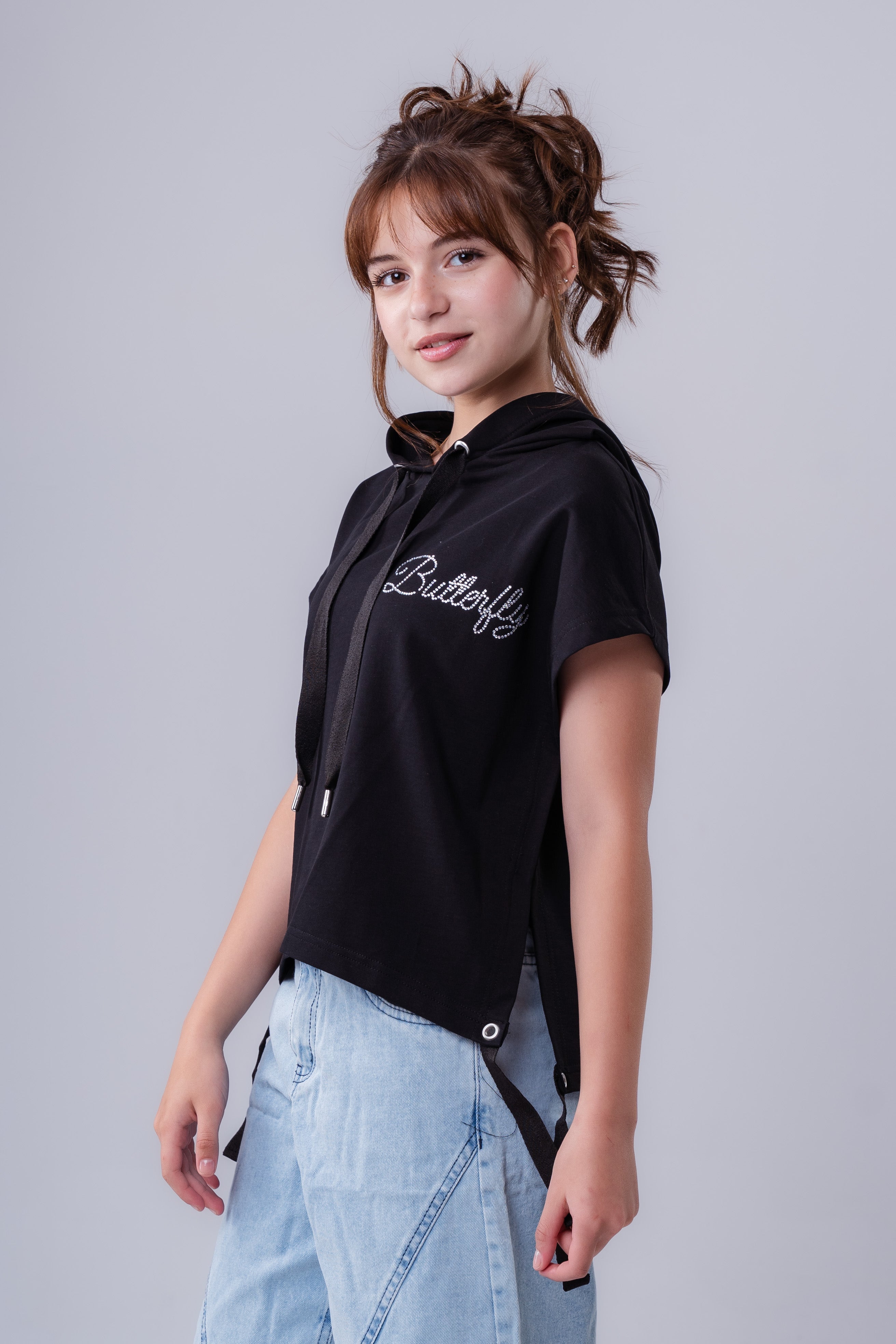 Girls' Short-Sleeve Hooded Tee with Side-Tie Detail