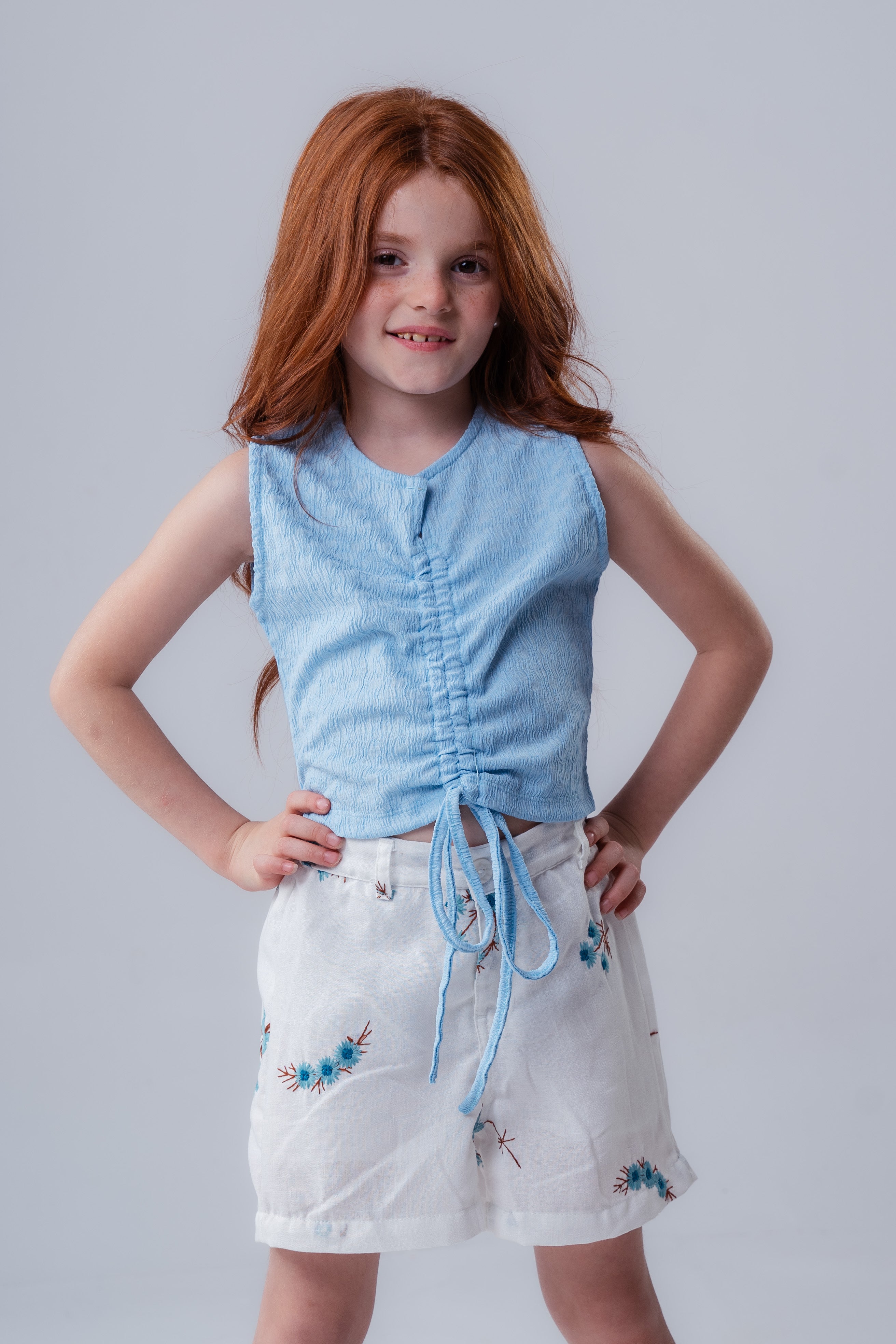 Girls Floral Embroidered High-Waisted Linen Short