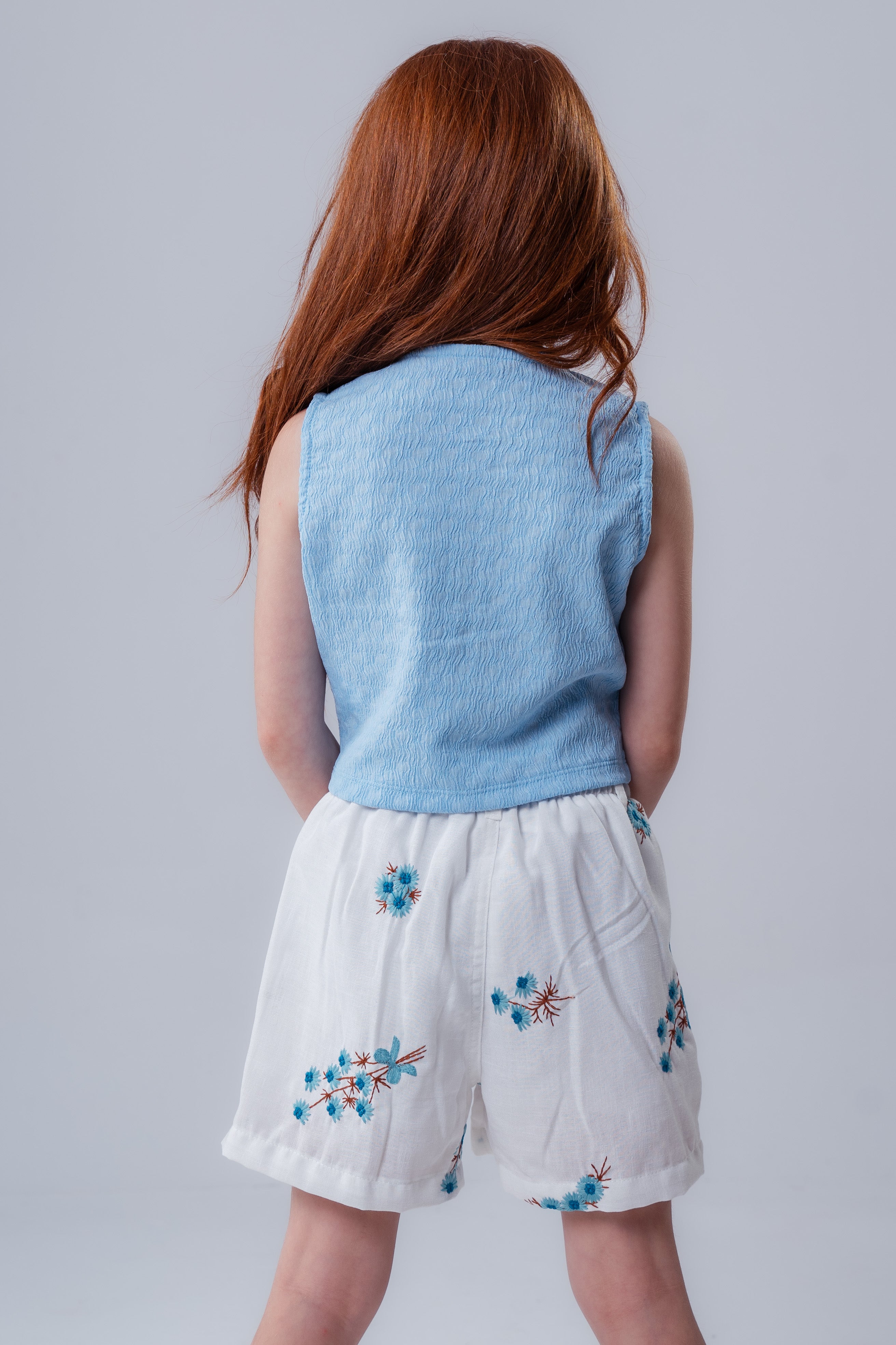 Girls Floral Embroidered High-Waisted Linen Short