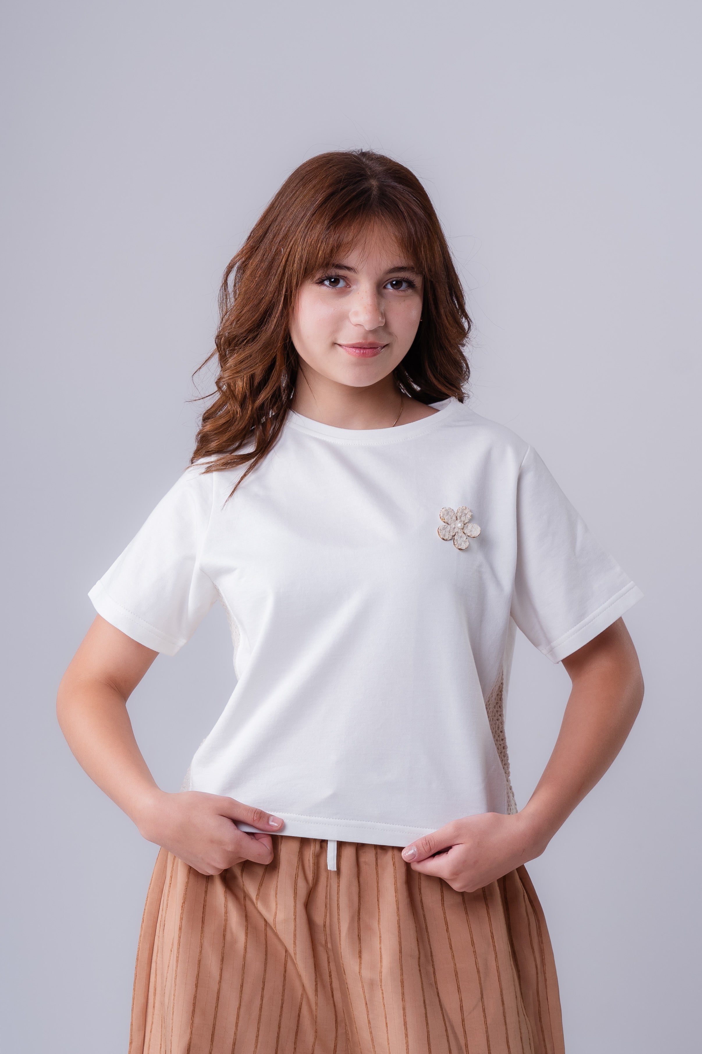 Girls’  Tee with Floral Appliqué and Lace Contrast