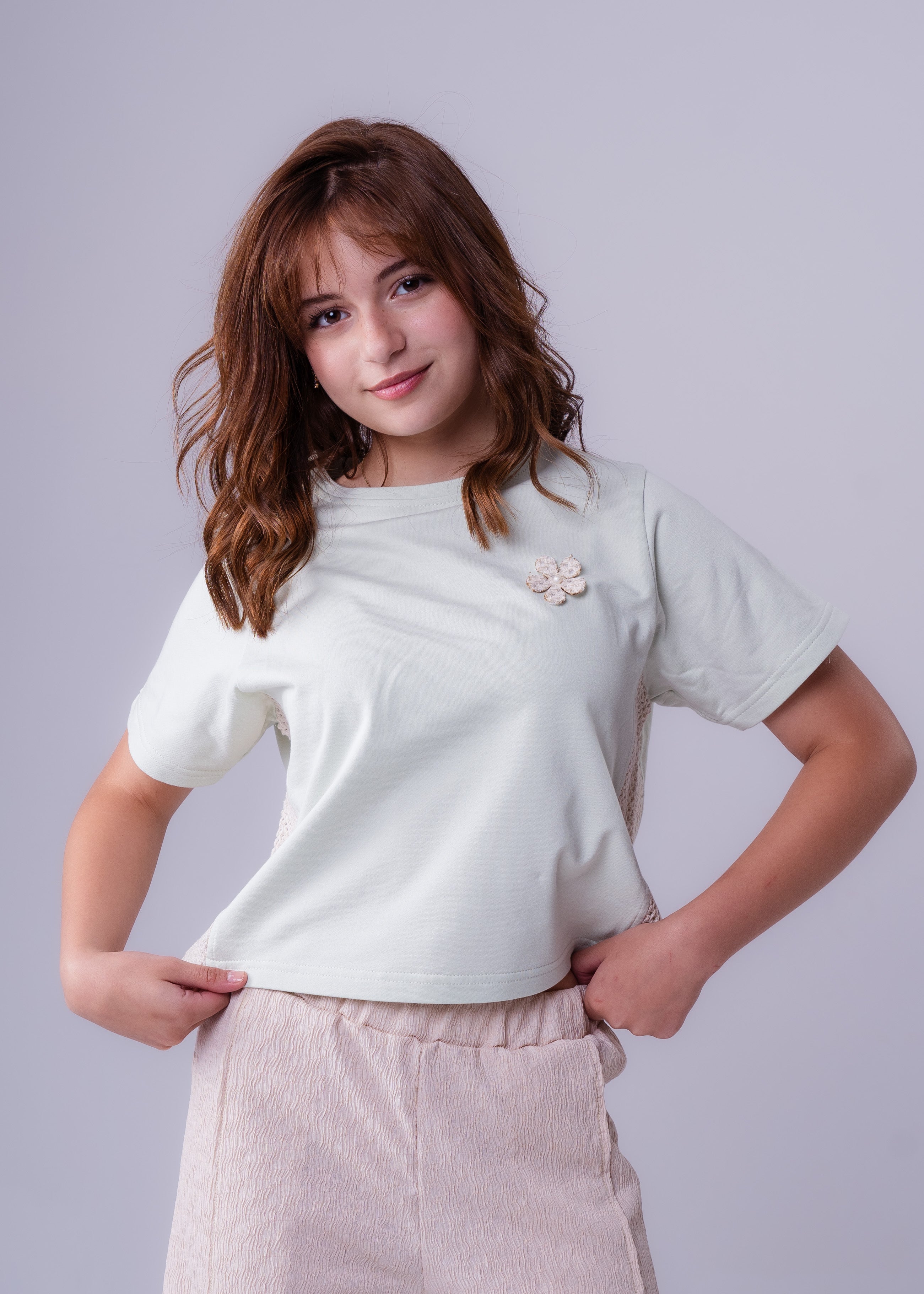 Girls’  Tee with Floral Appliqué and Lace Contrast
