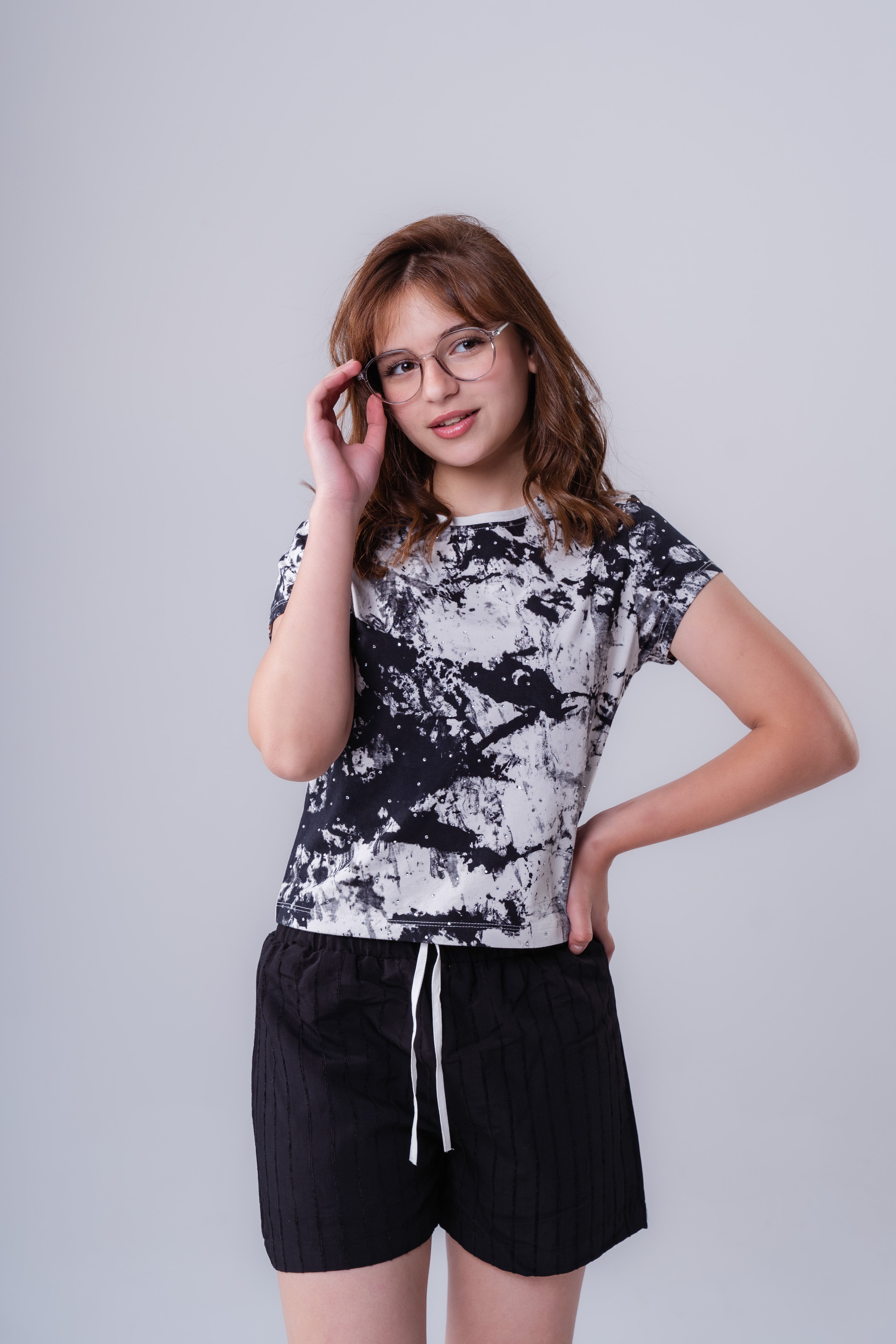 Girls' Lilac Rhinestone Studded Short-Sleeve Top