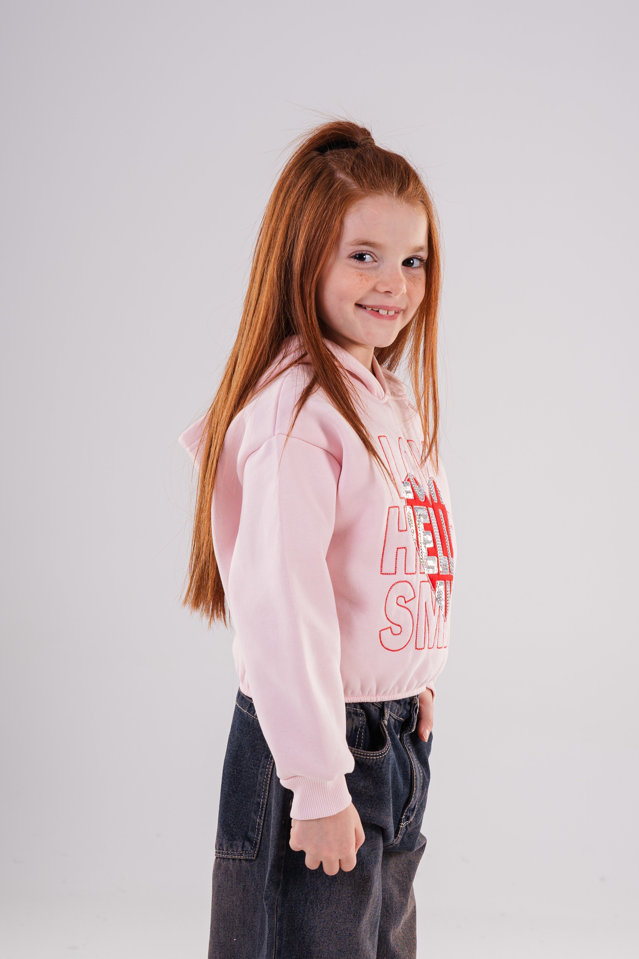 Girls' "Love Hello Smile" Sequin Heart Cropped Hoodie