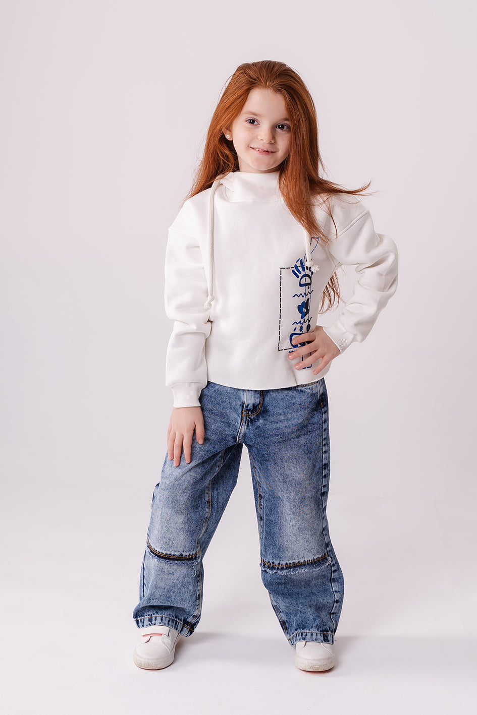 Girls White Cotton With Blue Print Full Sleeves Hoodie