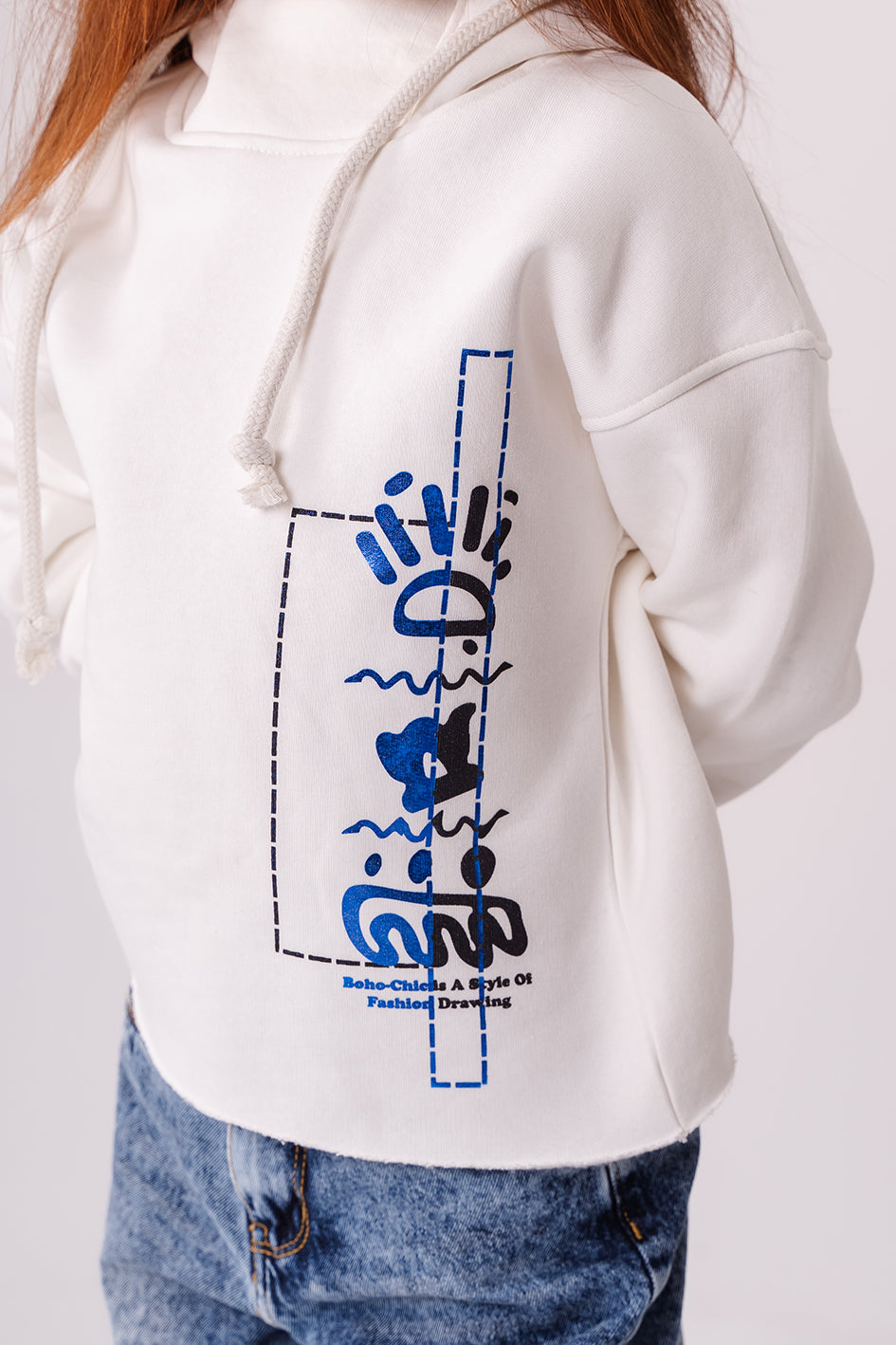 Girls White Cotton With Blue Print Full Sleeves Hoodie