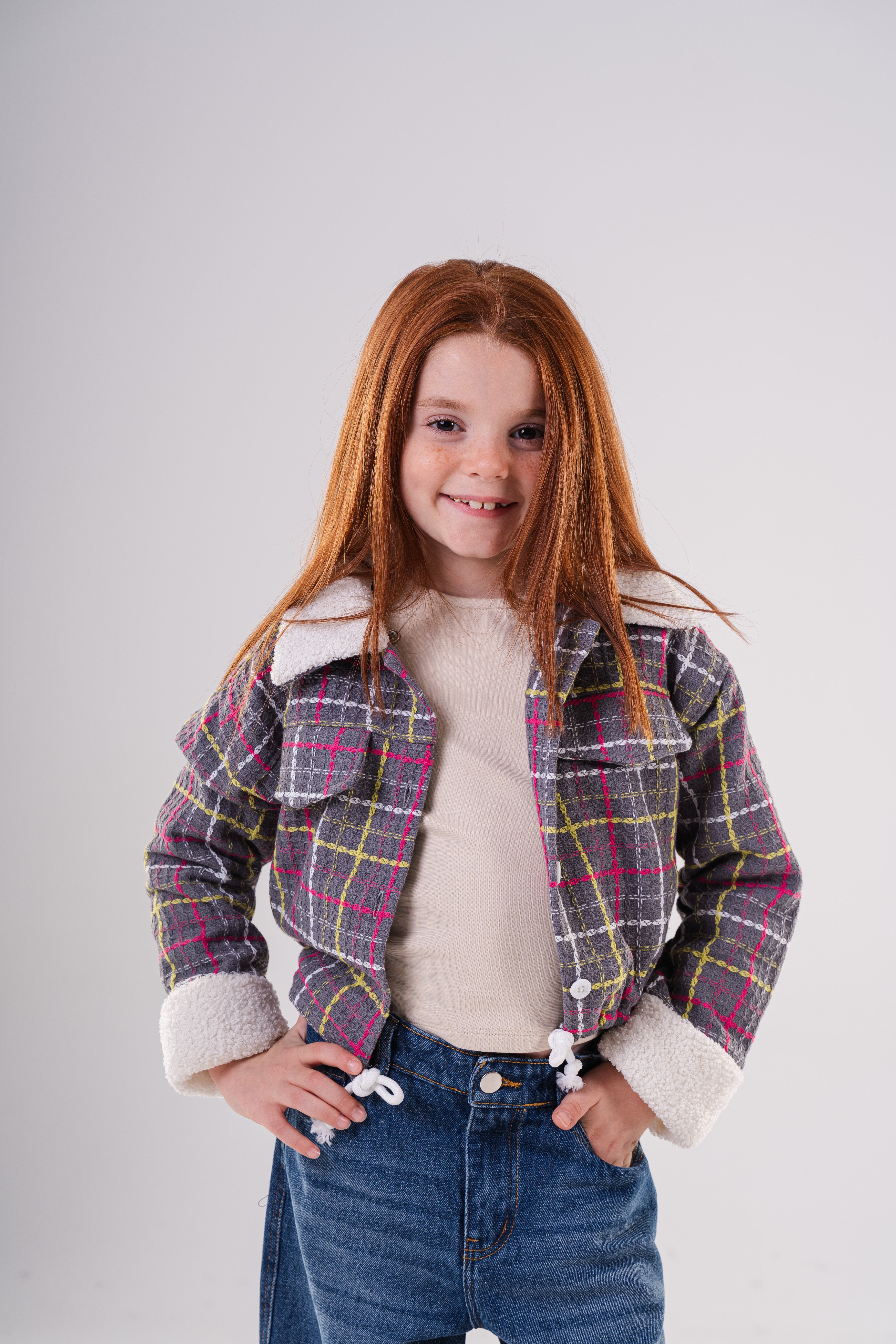 Girls Checkered Wool Blend Jacket with Fleece Cuffs
