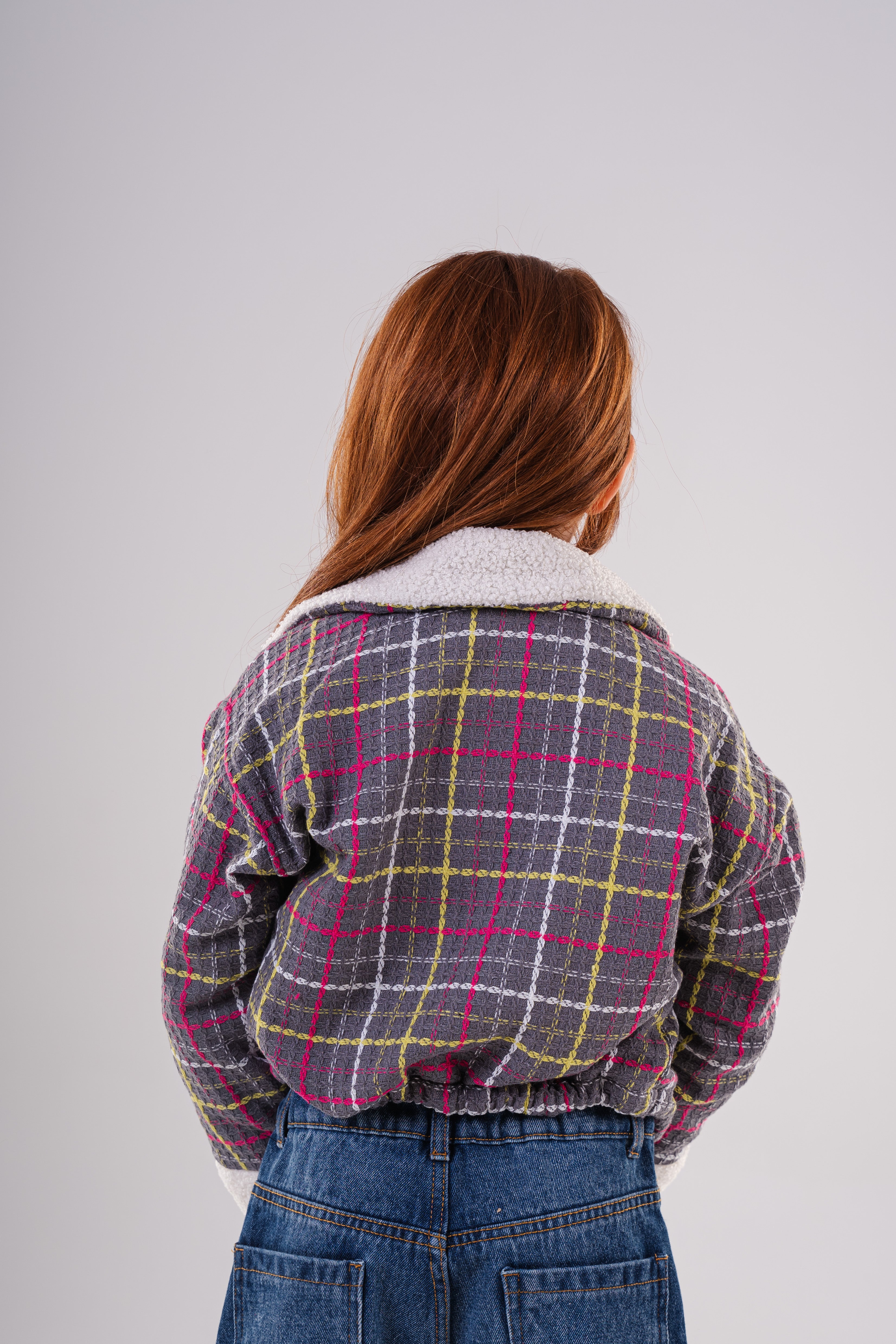 Girls Checkered Wool Blend Jacket with Fleece Cuffs