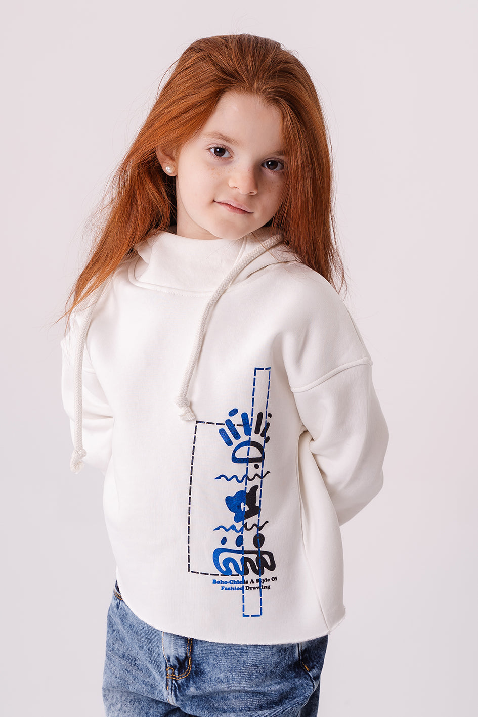 Girls White Cotton With Blue Print Full Sleeves Hoodie