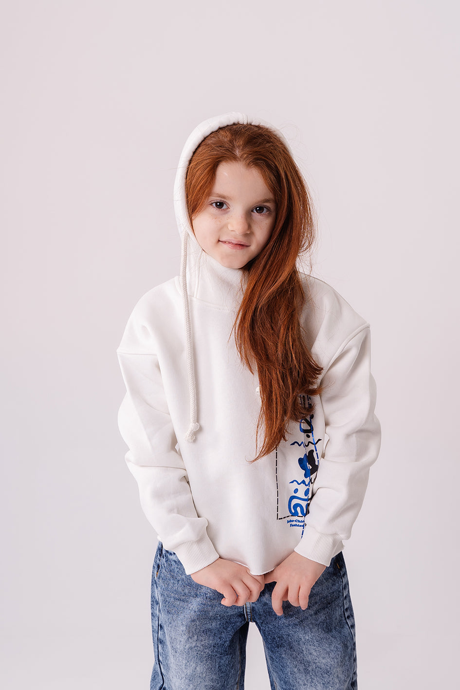 Girls White Cotton With Blue Print Full Sleeves Hoodie