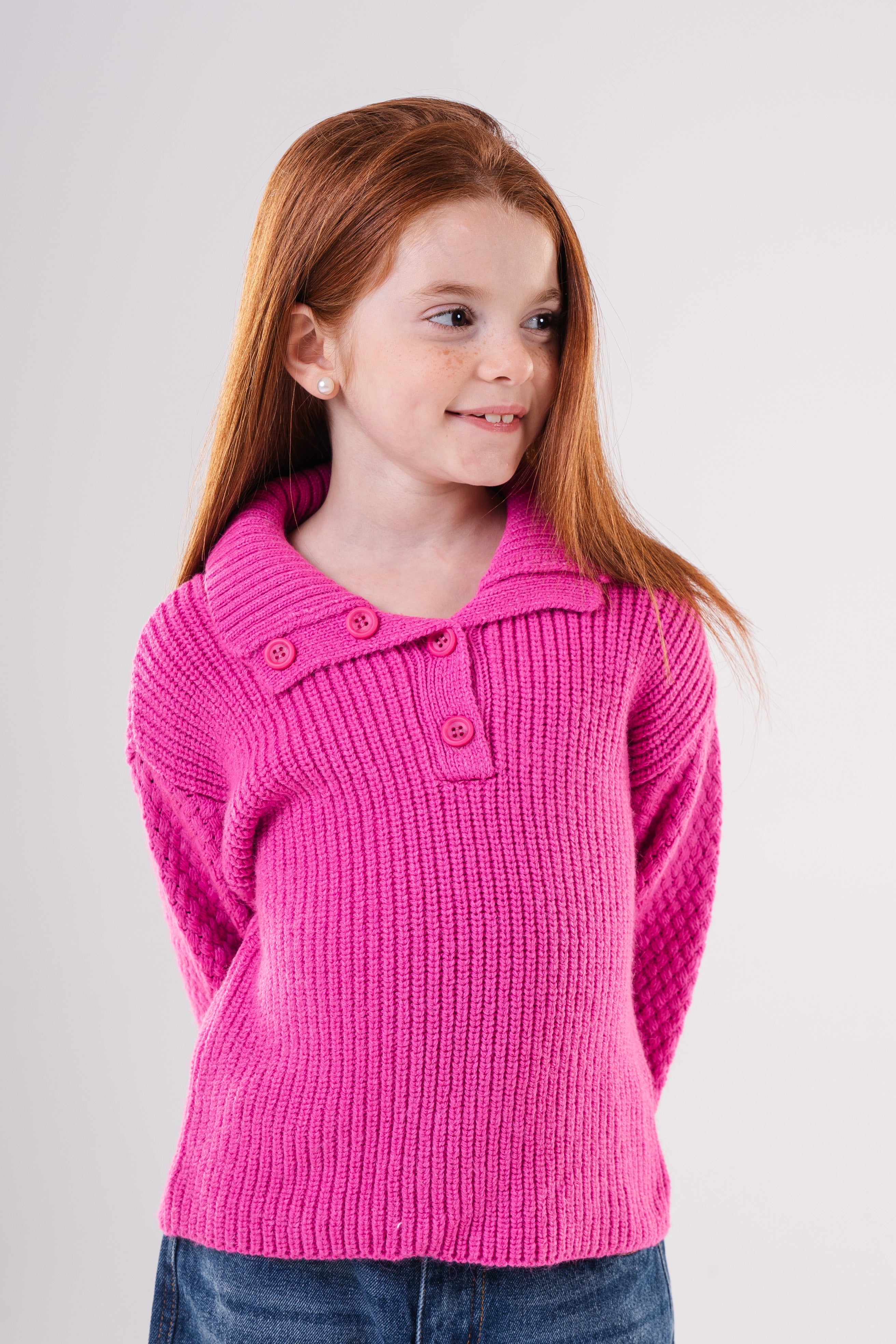 Girls Knit Pullover with Button Collar