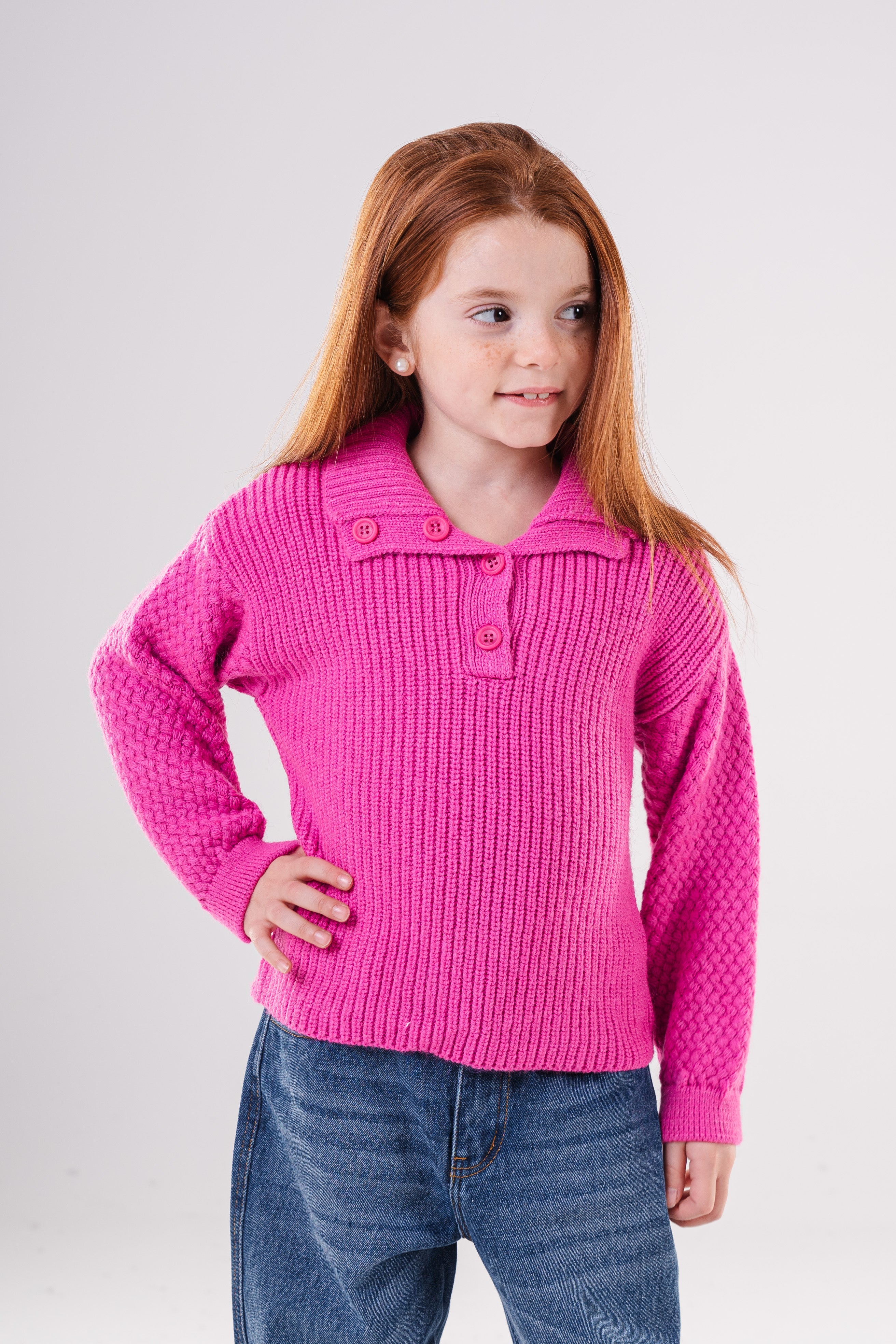 Girls Knit Pullover with Button Collar