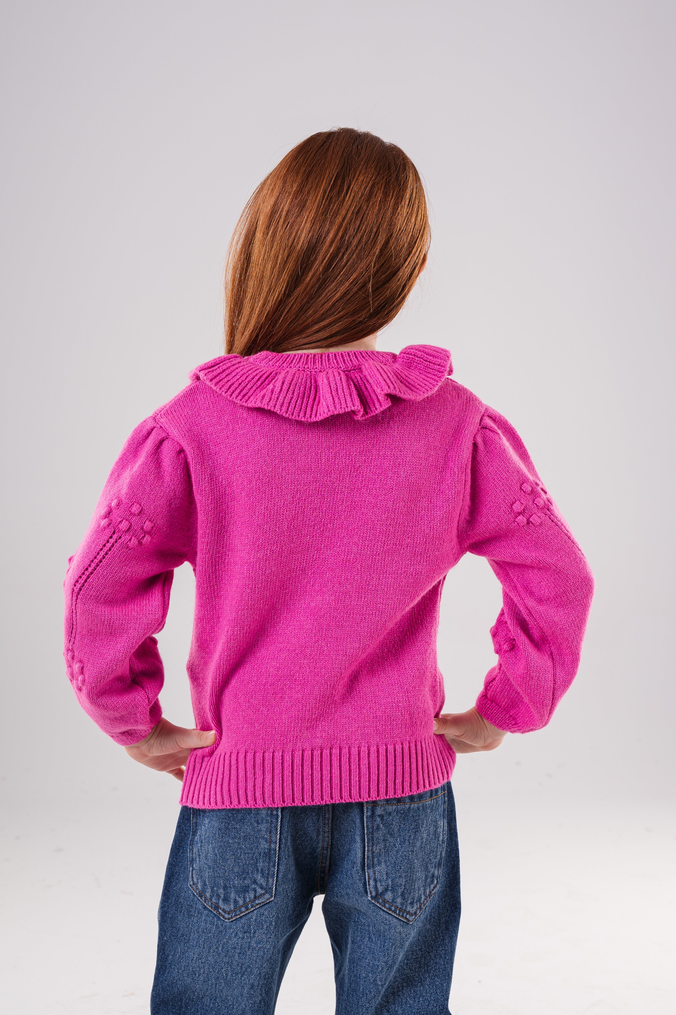 Girls Ruffled Collar Pointelle Knit Sweater