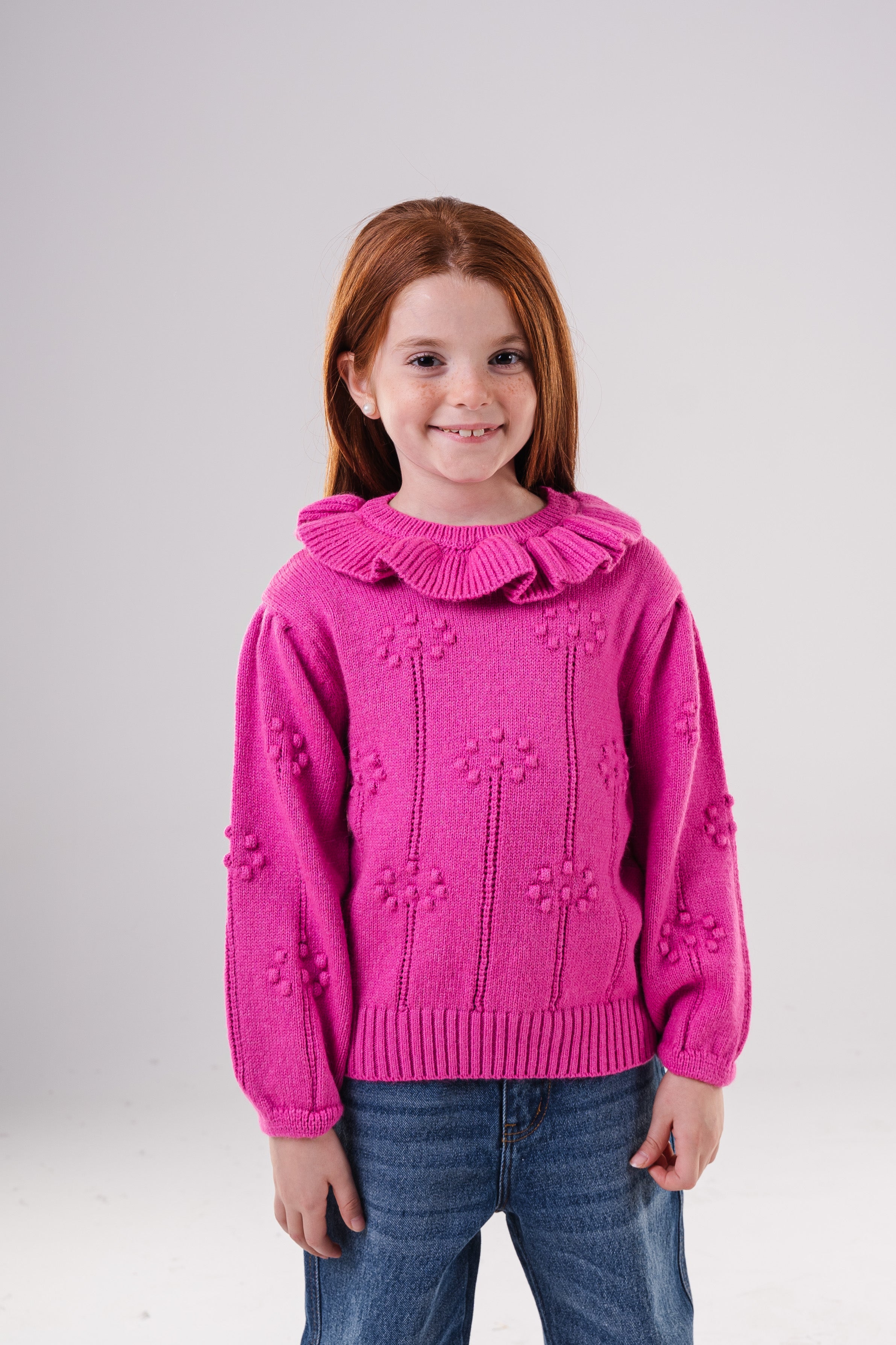 Girls Ruffled Collar Pointelle Knit Sweater