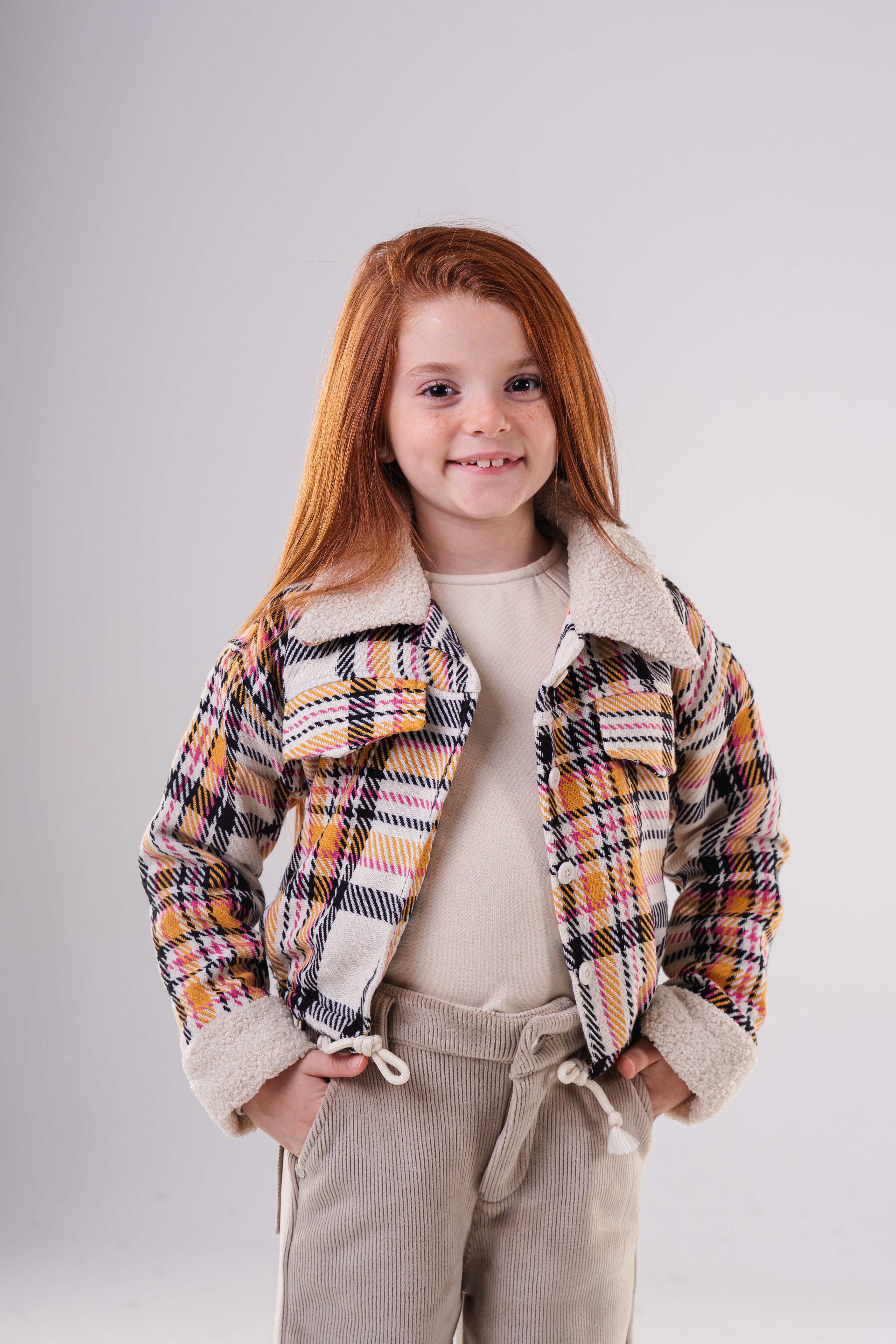 Girls Checkered Wool Blend Jacket with Fleece Cuffs
