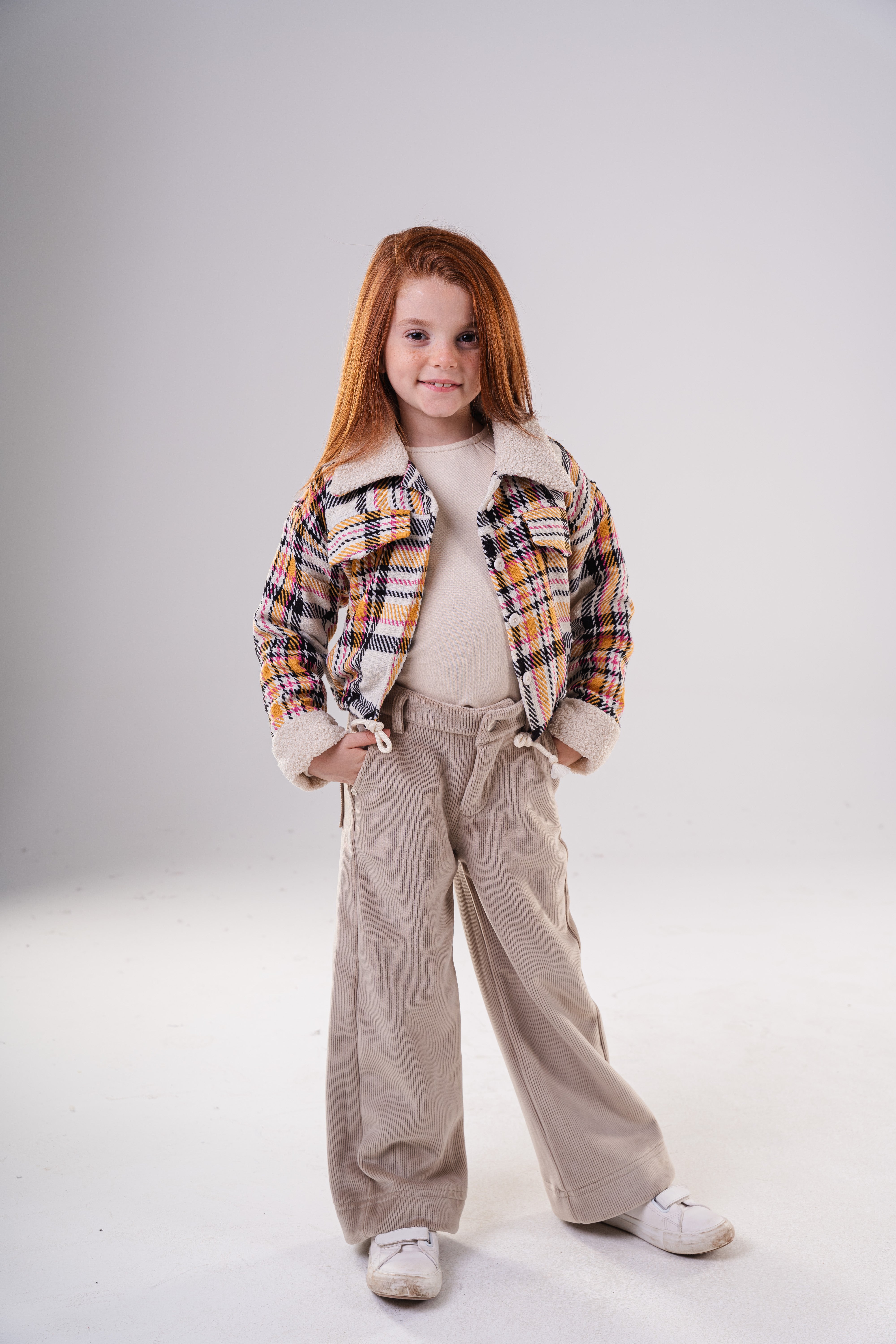 Girls Checkered Wool Blend Jacket with Fleece Cuffs