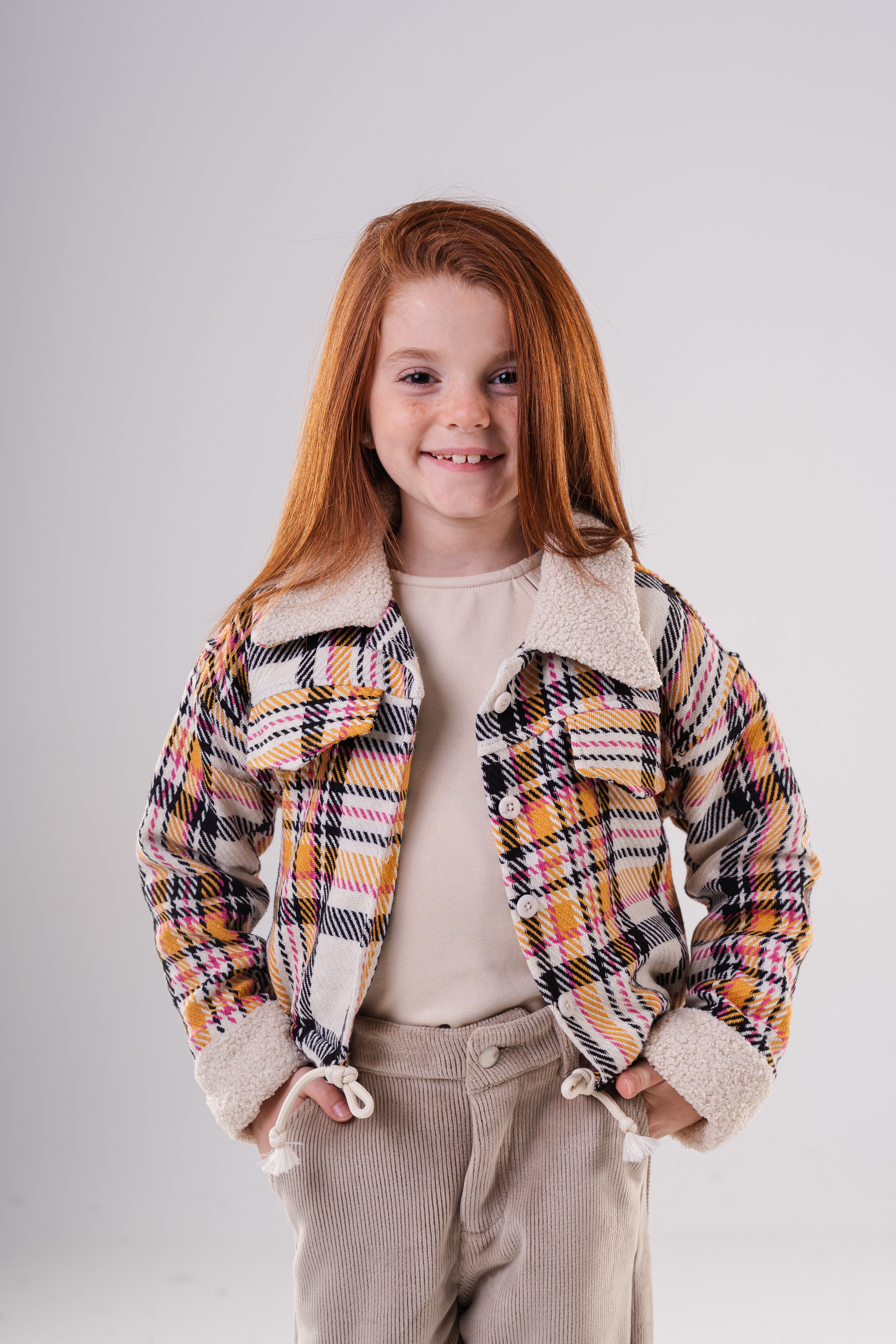 Girls Checkered Wool Blend Jacket with Fleece Cuffs