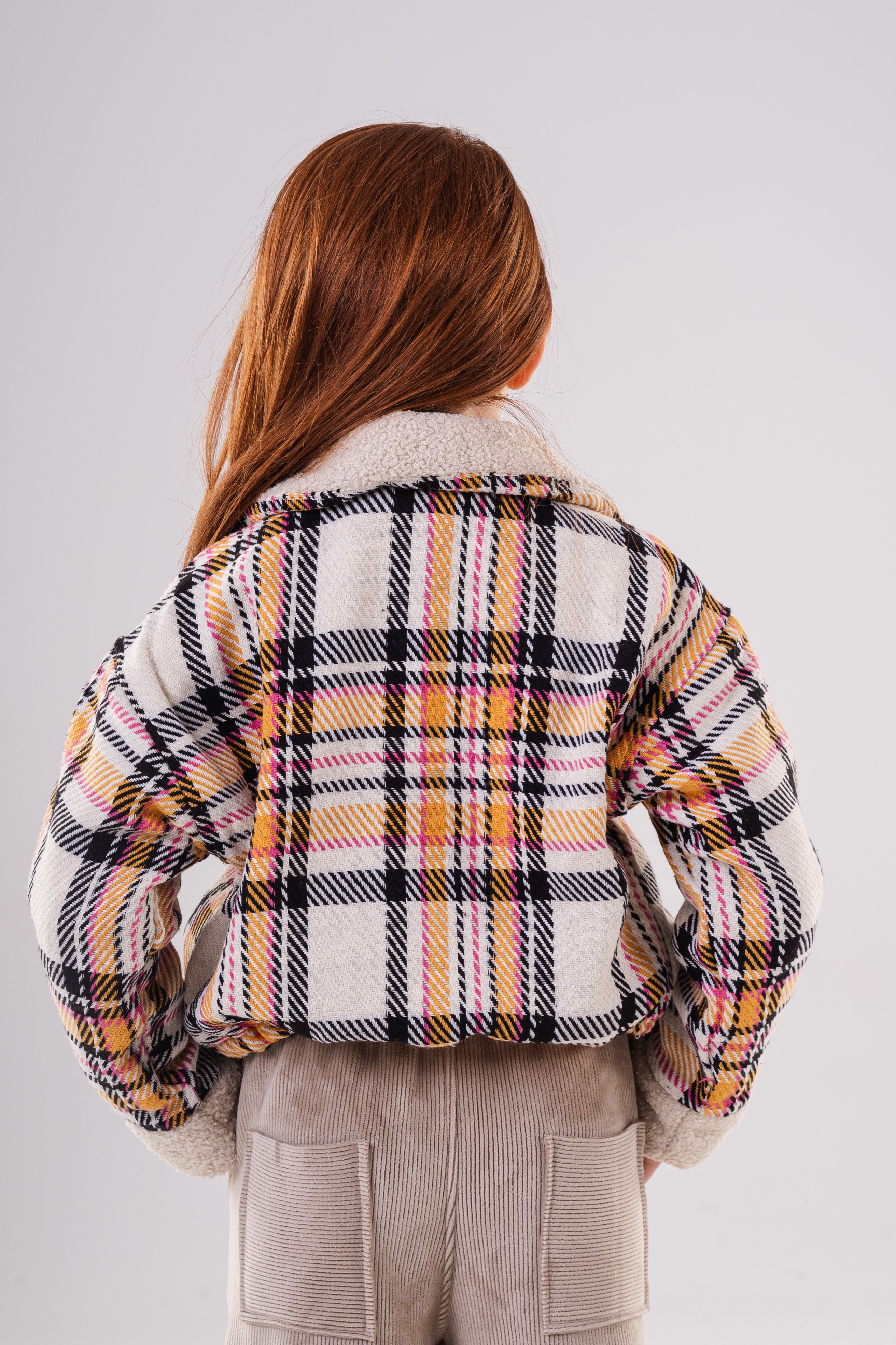 Girls Checkered Wool Blend Jacket with Fleece Cuffs