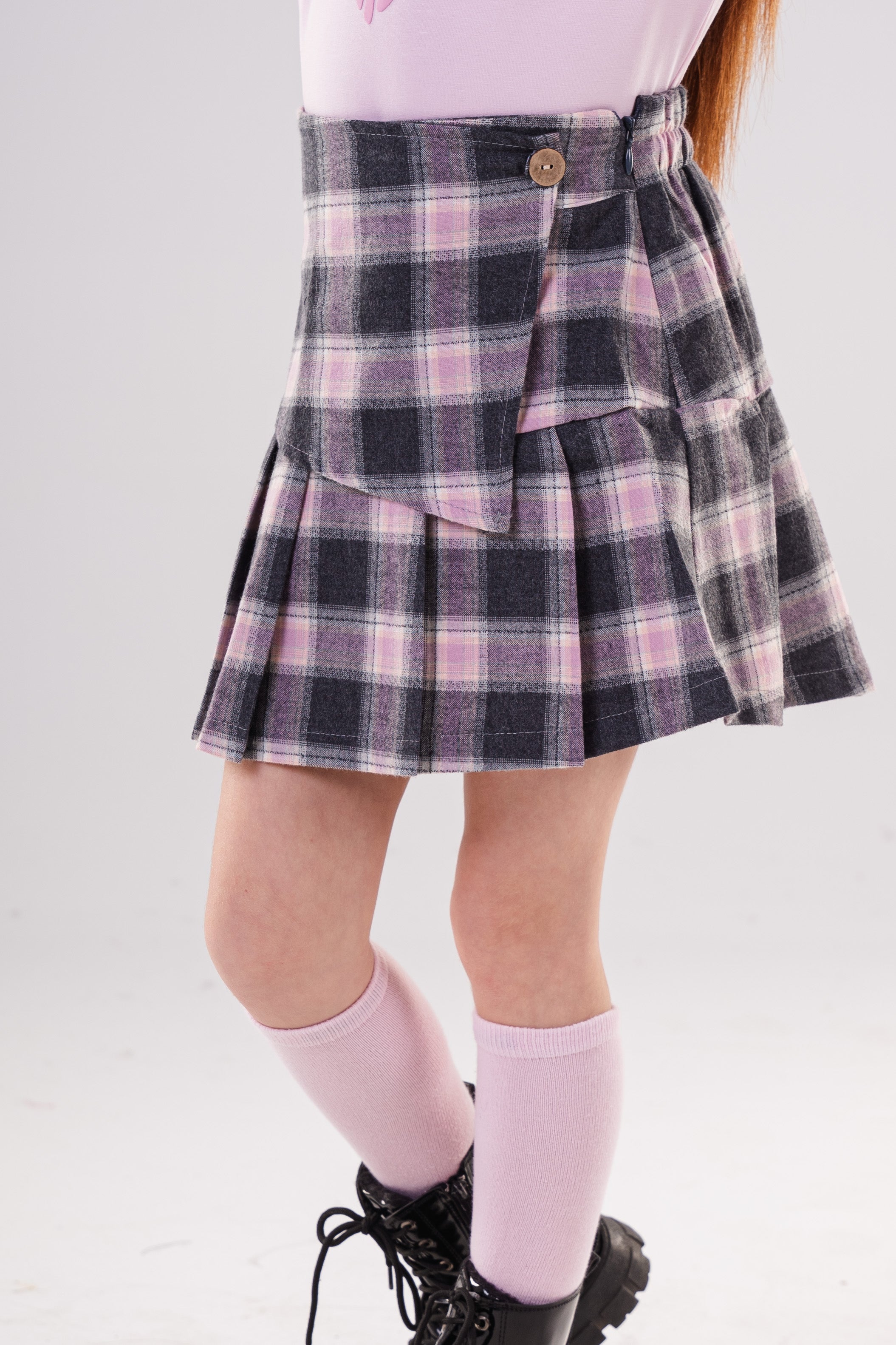 Girls Plaid  Pleated Skirt with Wrap Detail