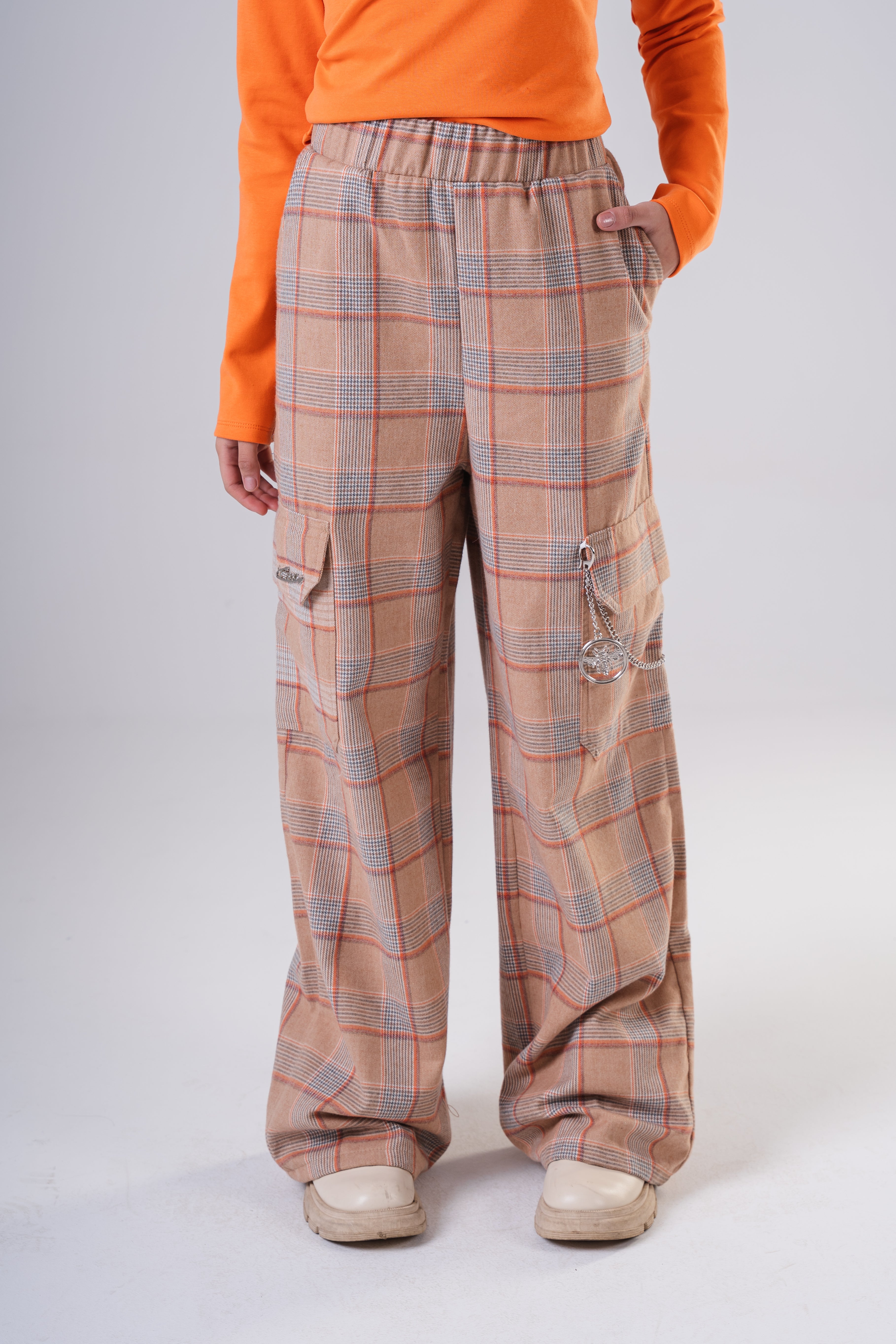 Plaid Cargo Pants with Chain Detail
