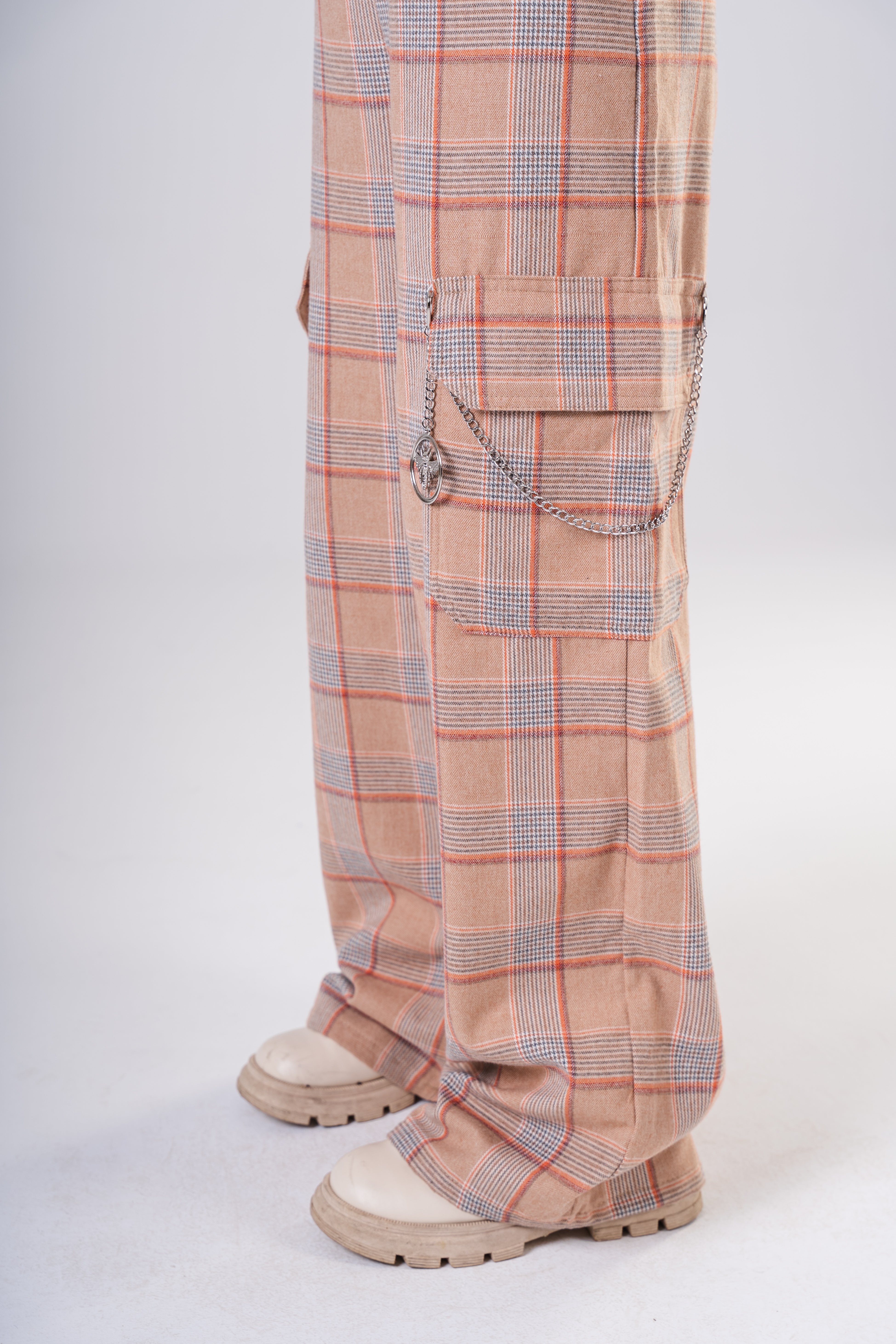 Plaid Cargo Pants with Chain Detail
