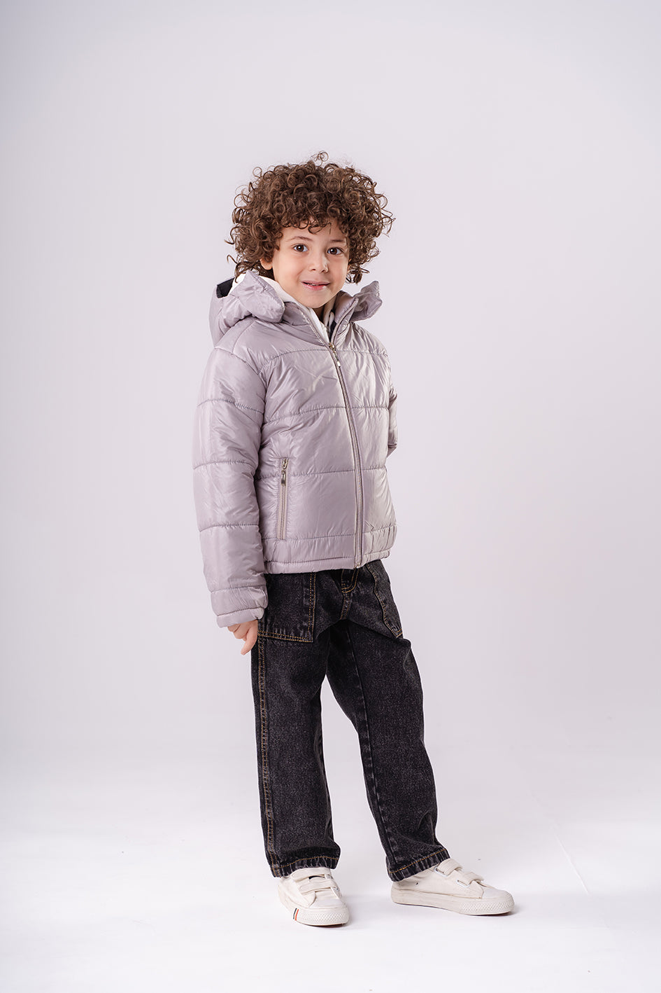 Boys Gray Puffer Down Jacket With Hood