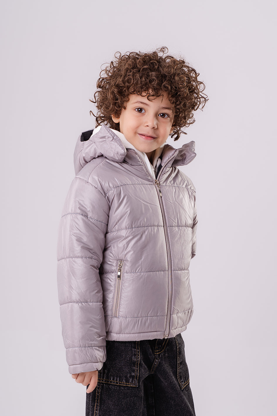 Boys Gray Puffer Down Jacket With Hood